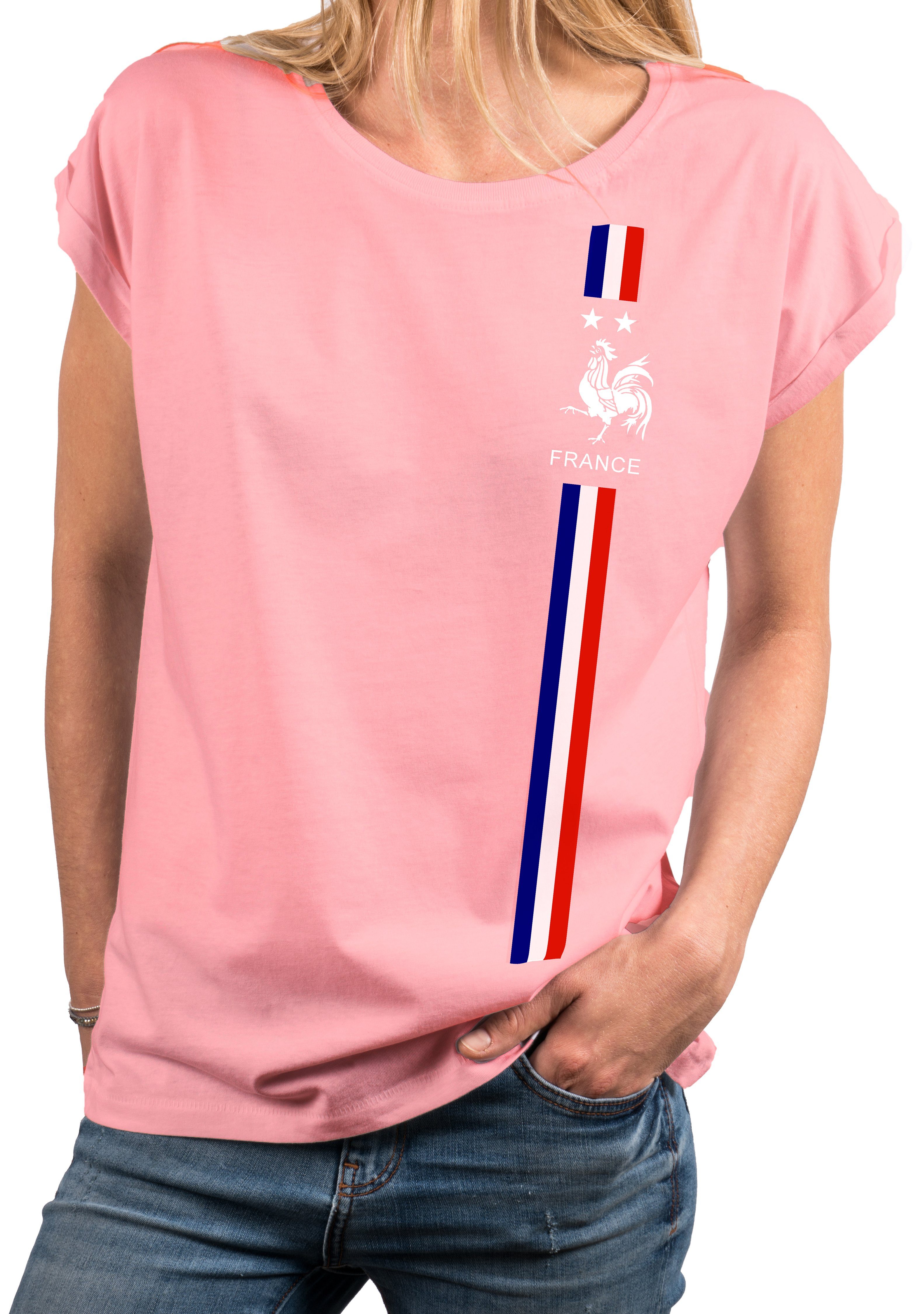 MAKAYA Print-Shirt Damen Kurzarmshirt Baumwolle Frankreich Fahne Flagge Trikot Top Tunika, große Größen Rosa | T-Shirts
