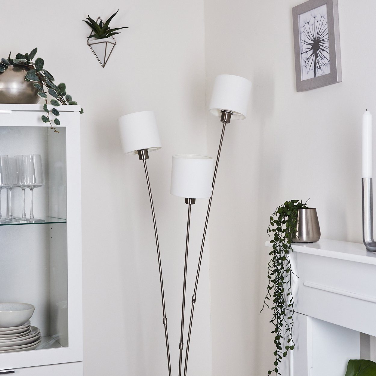 hofstein Stehlampe »Costa« runde Bodenlampe aus Metall, Nickel-matt, weiße Stoffschirme, ohne Leuchtmittel, Standlampe, 3xE14, mit Fußschalter am Kabel