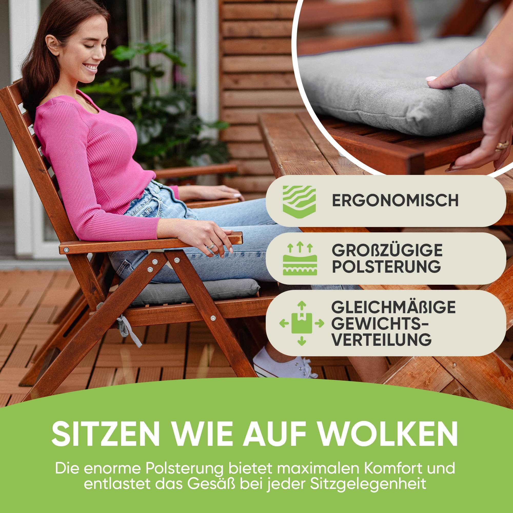 Gräfenstayn Stuhlkissen 4er-Set in 40x40cm und 5cm dicker Polsterung aus 100% Baumwolle, robustes Sitzkissen für Indoor & Outdoor, mit Haltebändern – Bild 2 von 5
