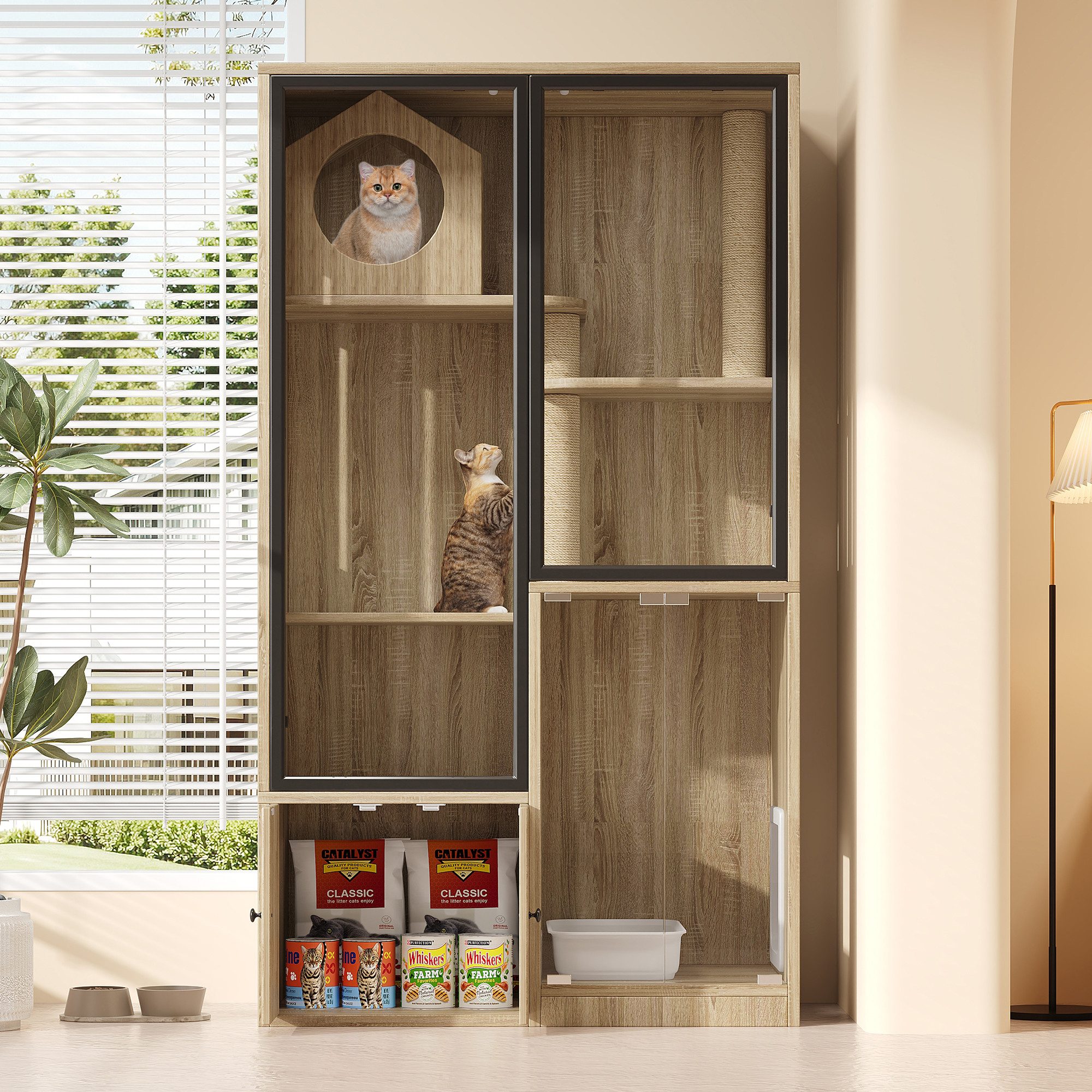 Flieks Katzenhaus Katzenvilla mit vierstockiger großer Katzenzaun, Tierhaus mit Kratzpfosten und Glastüren Katzenkäfig Holzoptik
