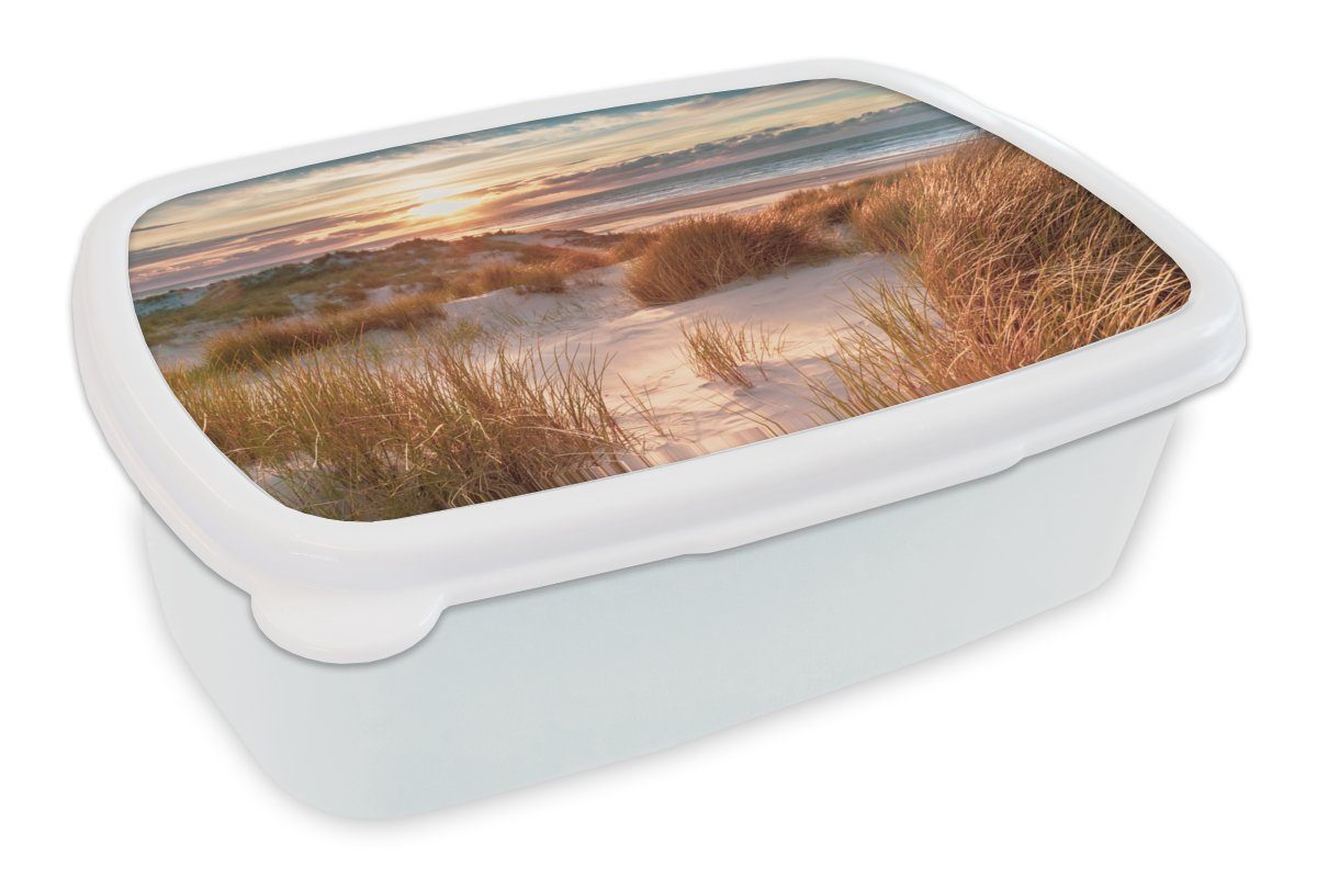MuchoWow Lunchbox Düne - Pflanzen - Sonnenuntergang - Strand - Meer, Kunststoff, (2-tlg), Brotbox für Kinder und Erwachsene, Brotdose, für Jungs und Mädchen weiß