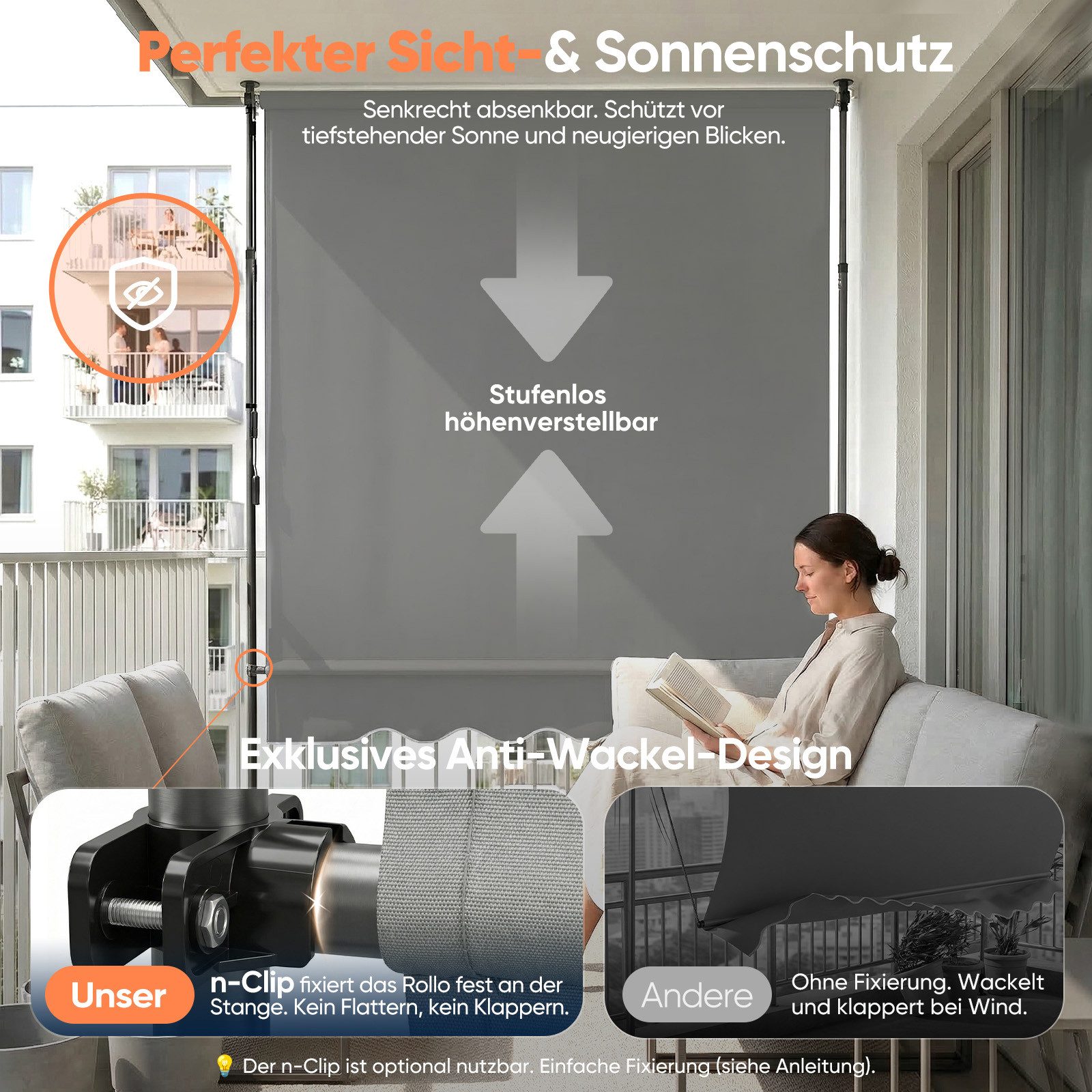 Sekey Klemmmarkise Markise für balkon mit Kurbel Sonnenschutz ohne Bohren UV-beständig B x H: 150 x 212-310 cm, Hellgrau