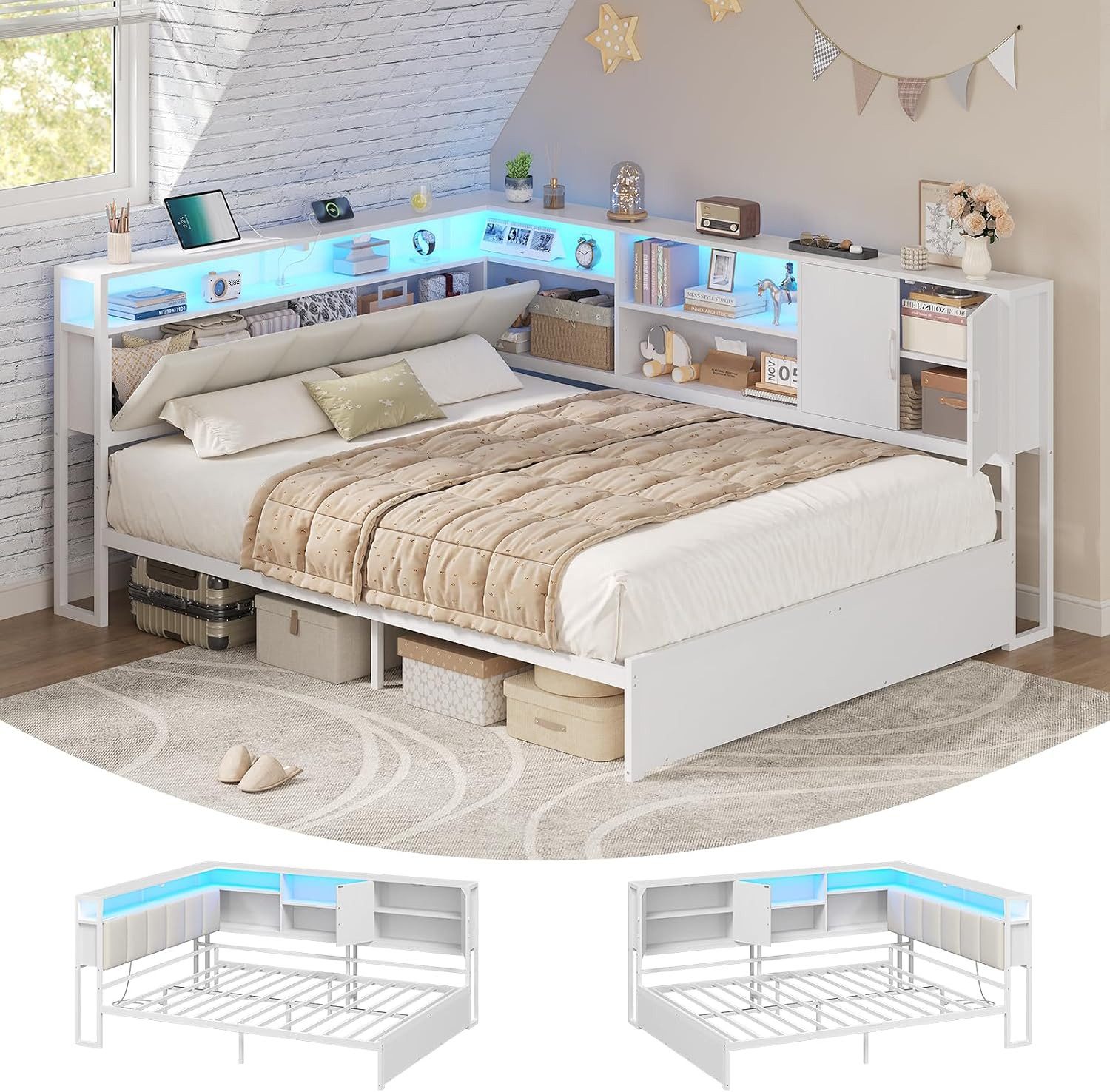 KIMENICH Polsterbett Jugendbett, Schlafsofa mit LED-Beleuchtung und USB-Ladestation (1-tlg., Ohne Matratze), Kopfteil mit Stauraum, offenen Regalen und Schrank, Größe 140 x 200 cm