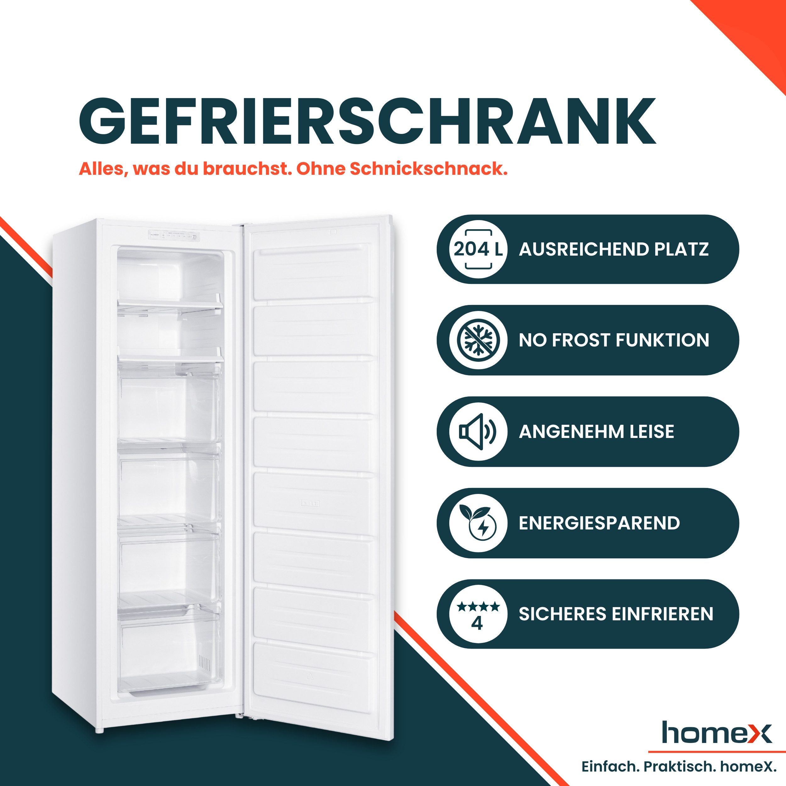 homeX Gefrierschrank FSN2041E-W, 170.5 cm hoch, 54 cm breit, No Frost, 204 Liter, Tiefkühlschrank groß, Freezer, 4-Sterne Gefrieren