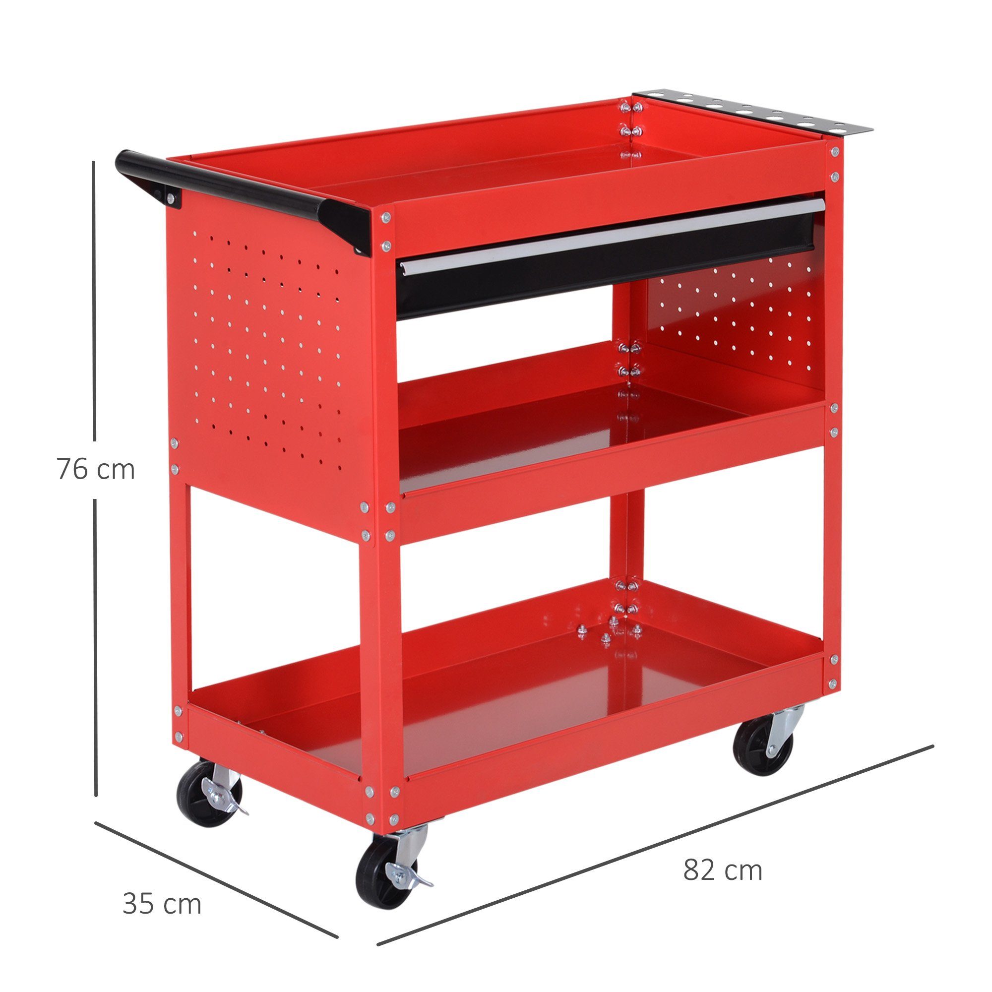 HOMCOM Werkzeugwagen Werkstatt-Rollwagen mit 3 Ebenen, max. Traglast:60 kg, (Montagewagen, 1-tlg., Transportwagen), Schwarz+rot 82 x 35 x 76 cm