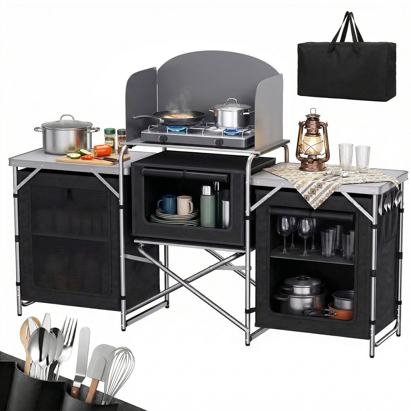 Sekey Campingtisch Klappbar Campingschrank XXL Faltbar Campingküche mit Aluminiumgestell, inkl. Windschutz und Tragetasche, mit Arbeitsplatte und 5 Staufächern