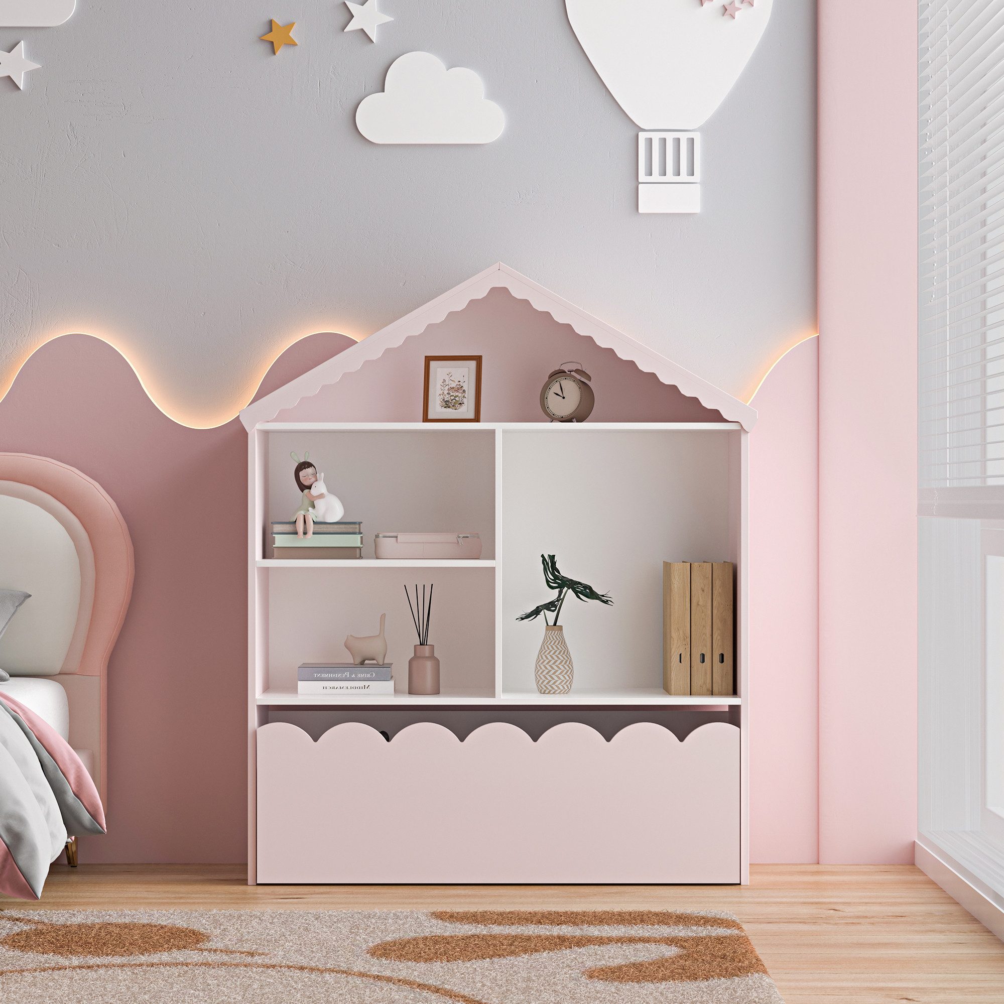 en.casa Kinderregal, »Vestnes« Hausoptik 114x91x30 cm Cotton Candy / Weiß