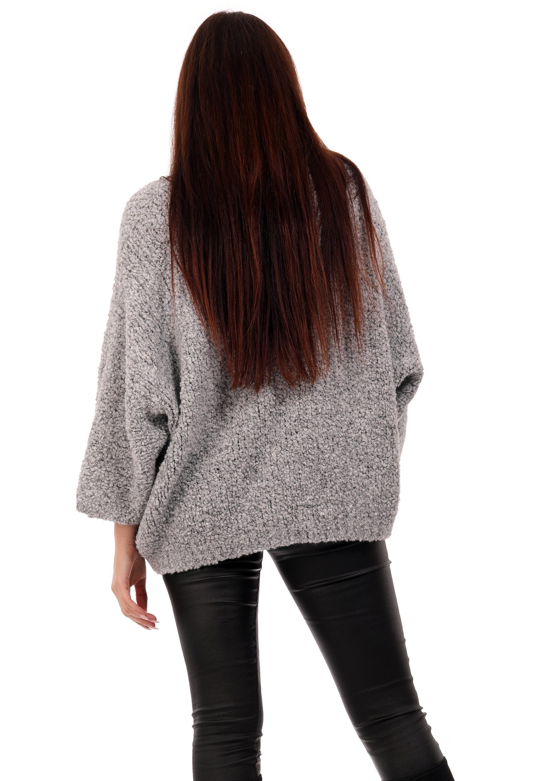 casual & Style Size grau Pulli Grobstrick Damen Fashion YC mit Winter One Strickpullover V-Ausschnitt Pullover (1-tlg)