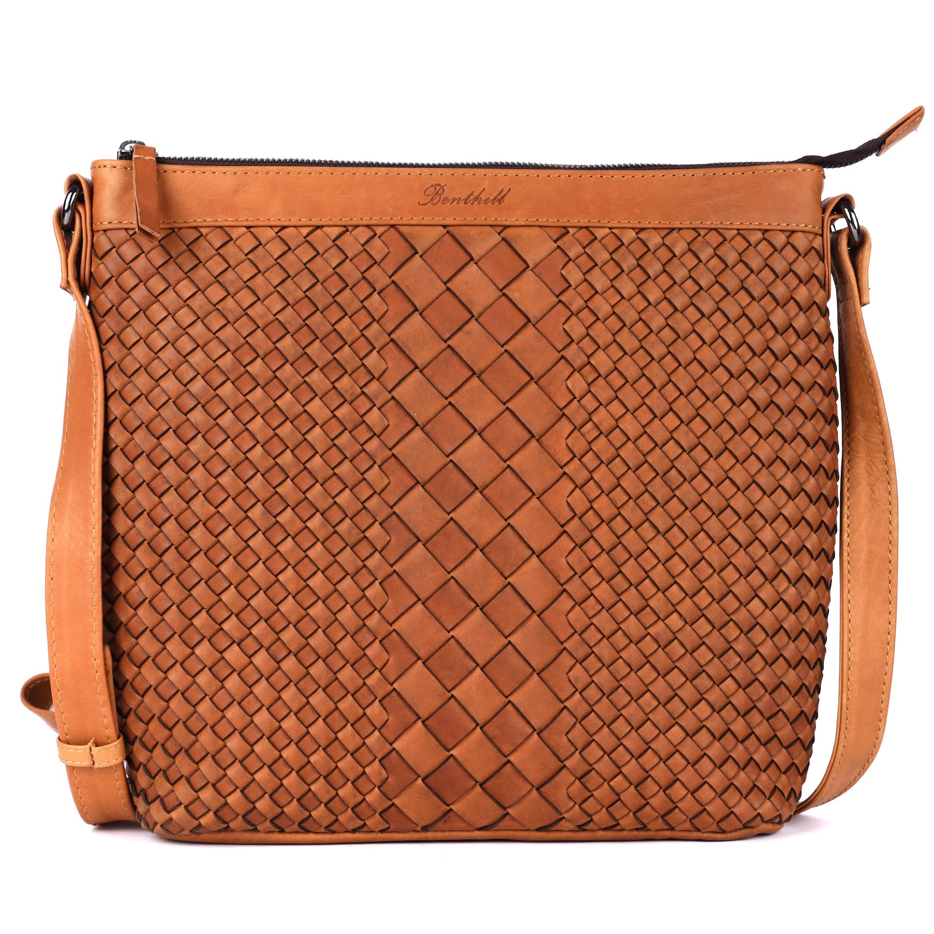 Benthill Umhängetasche Damen Echt Leder Umhängetasche Vintage Handtasche geflochtenem Muster, Schultergurt / Umhängegurt Reißverschlussfach