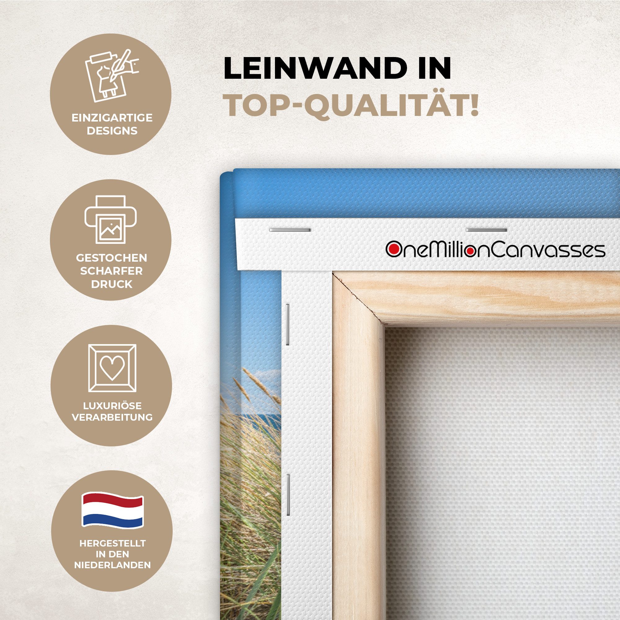 OneMillionCanvasses® Leinwandbild Düne - Gras - Meer - Strand, Fotodruck (1 St), Leinwand Bilder Klein, Wand Dekoration Aesthetic 30x20 cm – Bild 3 von 5