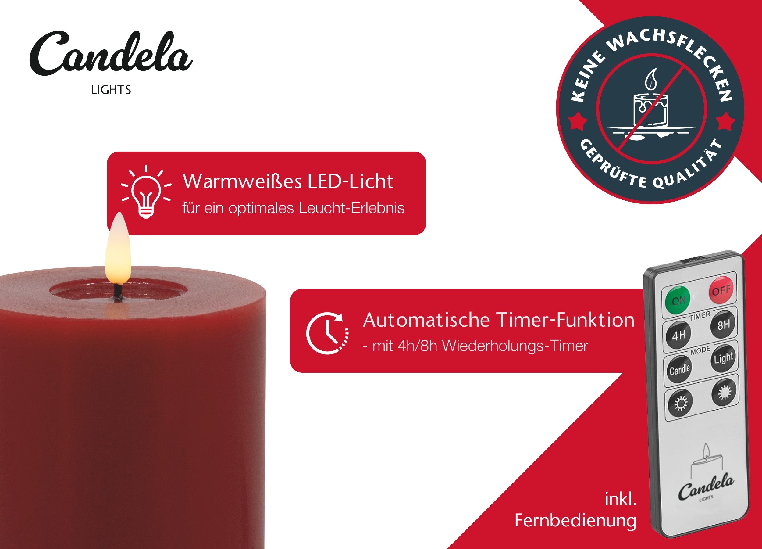 LC Home LED-Kerze Candela Lights LED Kerzen Echtwachs 4erSet mit Fernbedienung Batterien (Komplett-Set), LED Kerzen mit Timerfunktion Fernbedienung Dimmbar