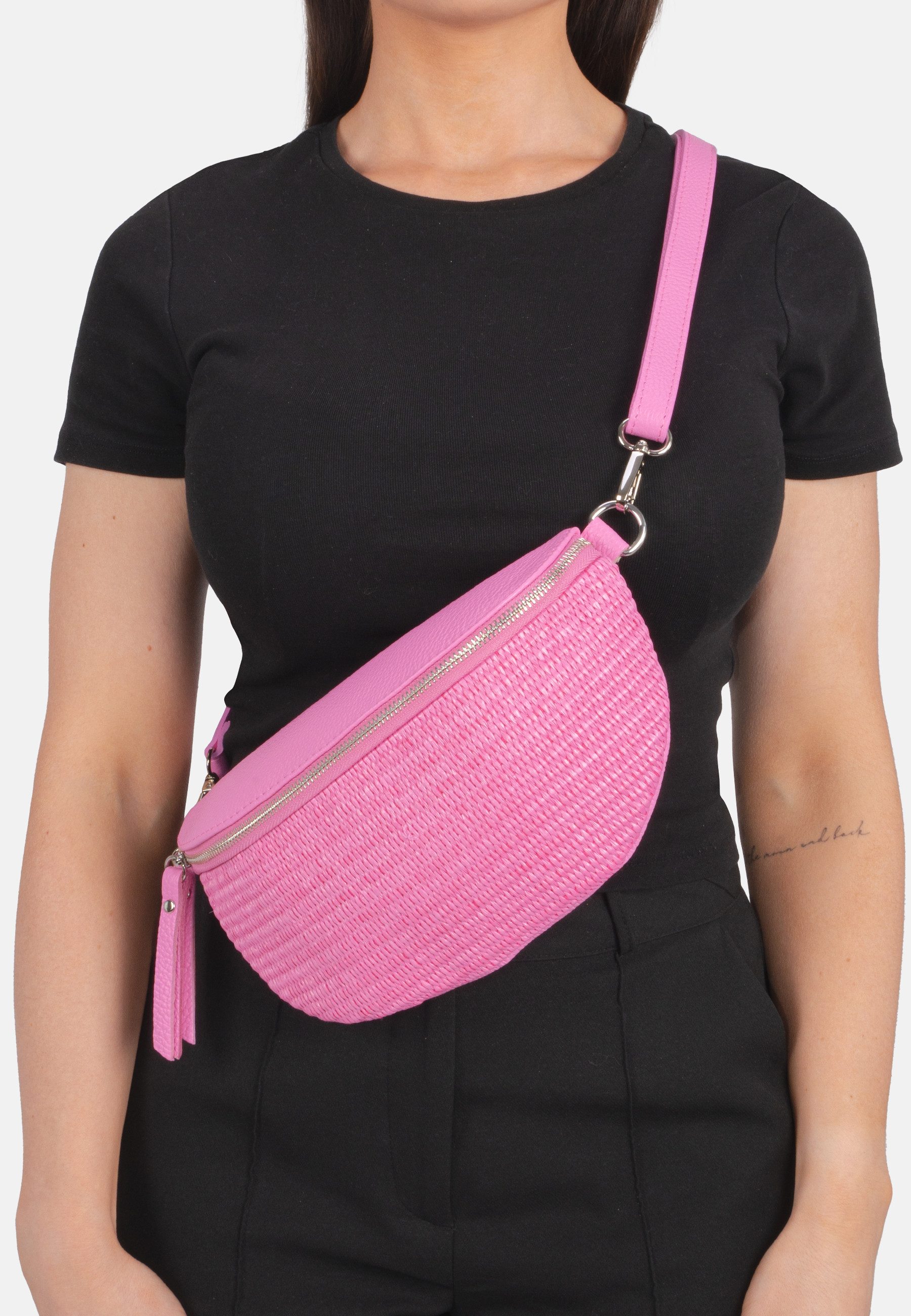 Seasons of April Gürteltasche JUNA CROSSBODY BAG SIZE M, Damen Raffia Ledertasche: Umhängetasche Gürteltasche, verstellbar