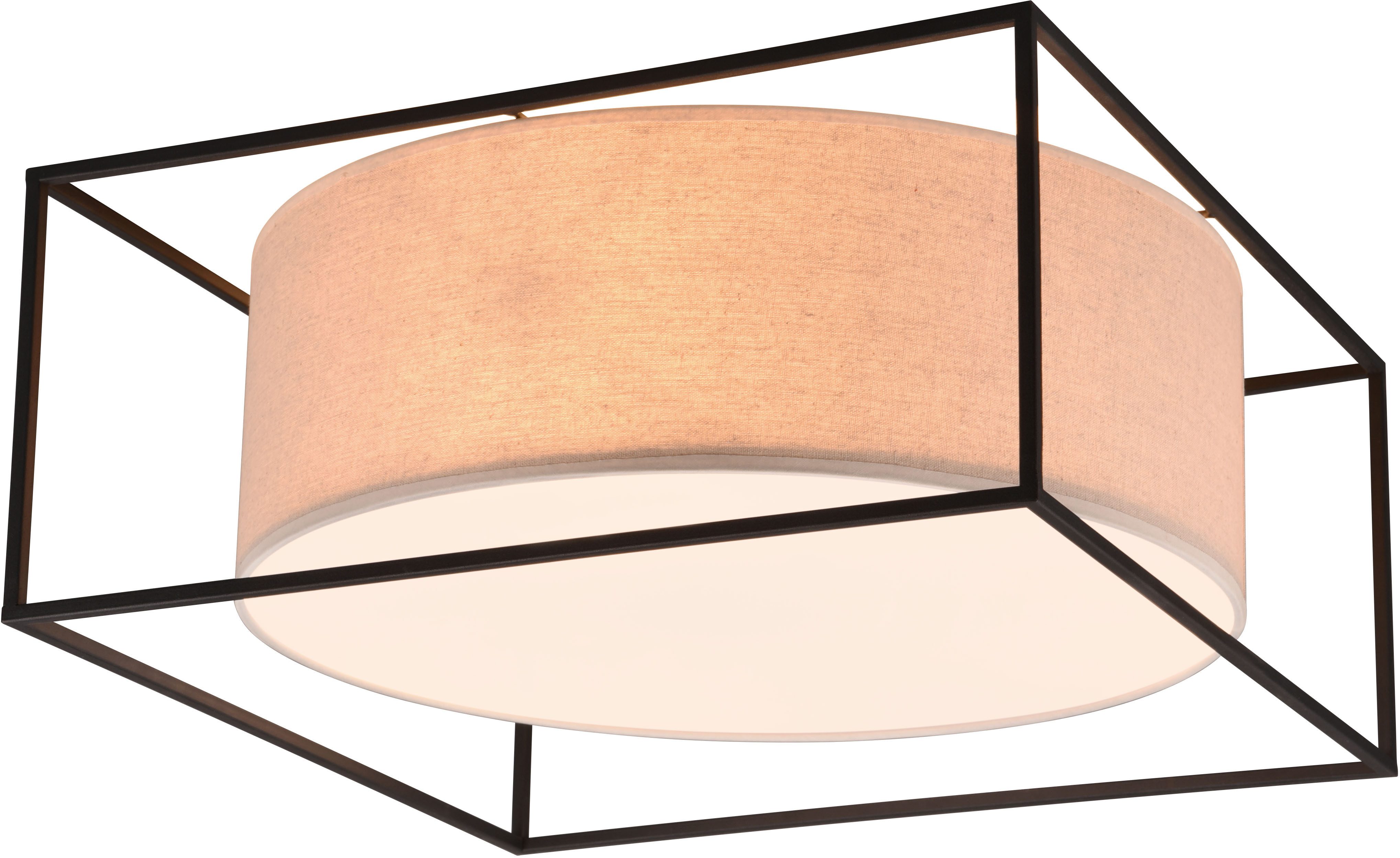 TRIO Leuchten Deckenleuchte ROSS, 3-flammige Deckenlampe mit Stoffschirm 50x50 cm Höhe 22 cm, Leuchtmittel wechselbar, warmweiß - kaltweiß, Deckenlampe exkl 3x E27 max 25W Metall schwarz Stoffschirm beige