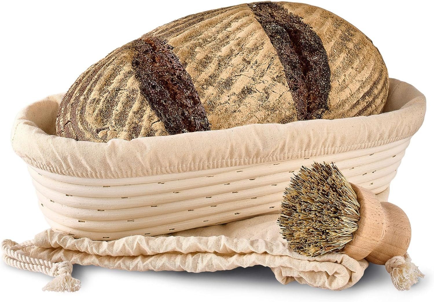 Praknu Gärkorb Für Brot Oval länglich 35 cm - Gärkörbchen für Brotteig zum Brotbacken, Aus nachhaltigem Rattan - Geruchsneutral - Mit Backutensilien