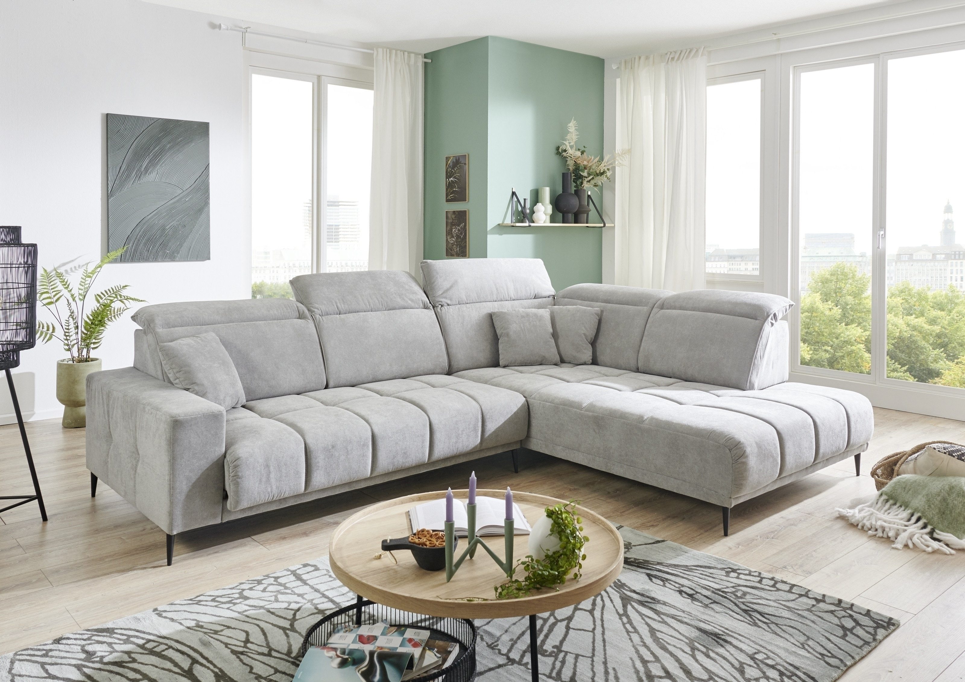 Iwaniccy Wohnlandschaft elektr. Sitzverstellung, Federkern, hellgrau - 317x107x230cm (BxHxT)