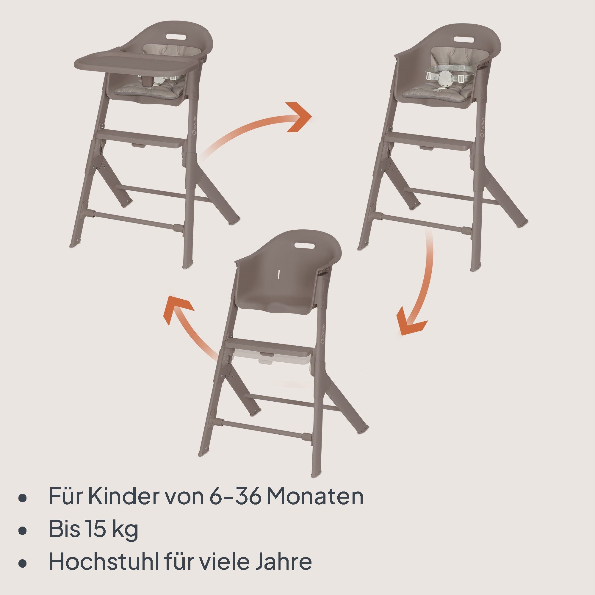 lionelo Hochstuhl BENY (4-teiliges Set), 2-fach Tablett/2-fach Fußstütze/3-Punkt-Gurt/Werkzeuglos – Bild 3 von 5