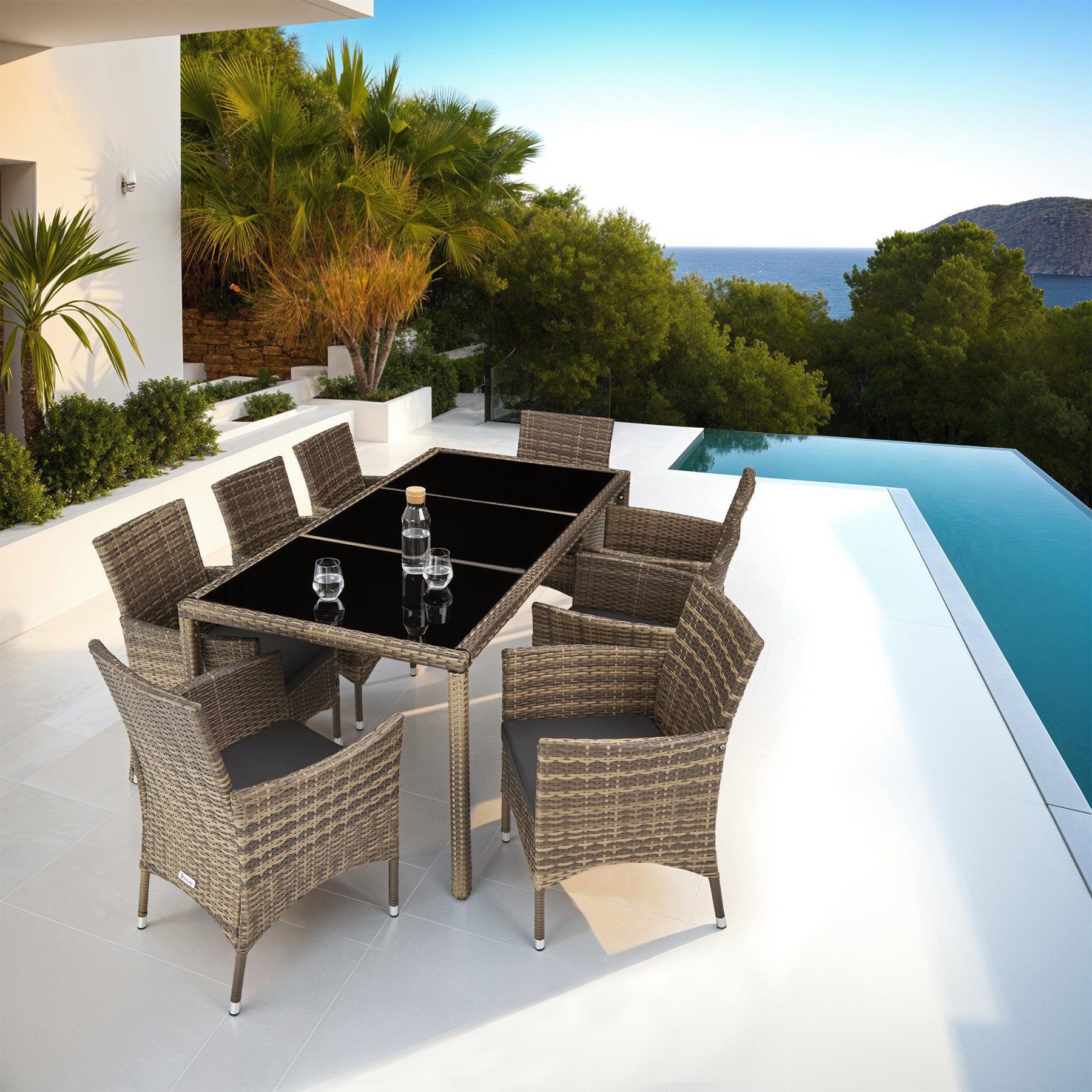 tectake Sitzgruppe Rattan Garnitur Almansa mit Schutz und Polstern, (Rattan lounge set almansa, 9-tlg., in natur/dunkelgrau), UV-beständig und pflegeleicht