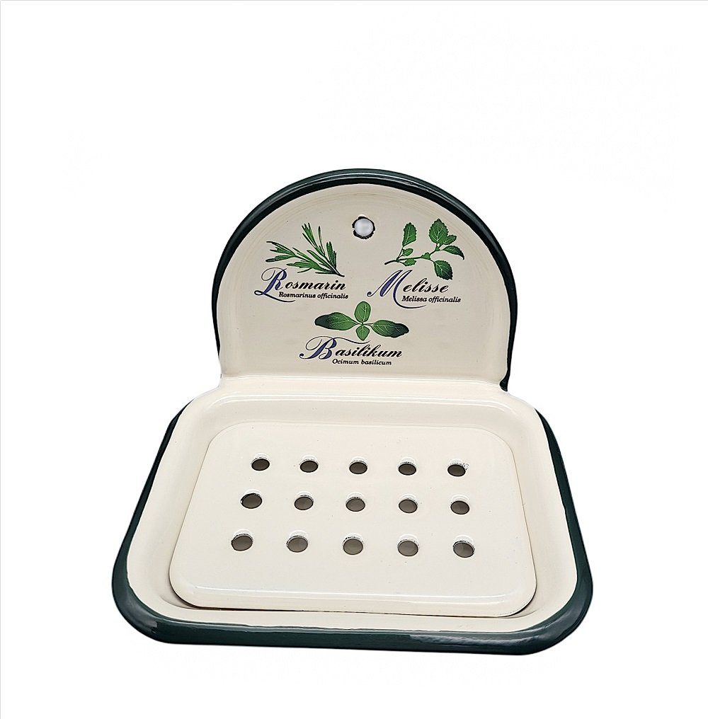 Linoows Seifenschale Emaille Seifenhalter, Nostalgie Seifenablage Creme, Breite: 12 cm, Ablauflöcher, 1, Seifenablage zum Hängen und Stellen, cremefarben mit Garten Kräuter