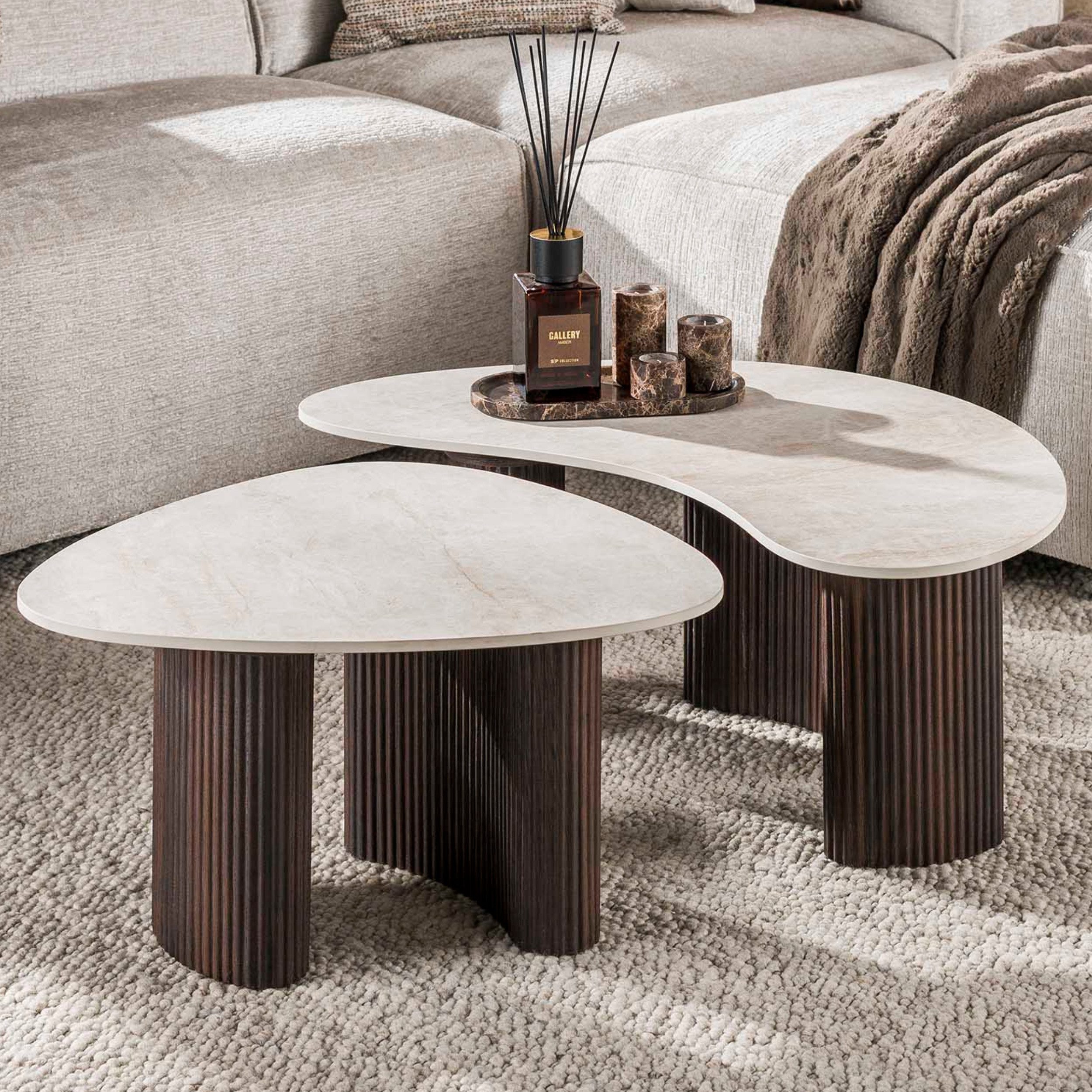 alesvelt Couchtisch Set CERAMO ONDA Organische Puzzle-Satztische mit Rillen-Gestell (2er-Set), 88x44x35cm, 65x54x35cm, Taj-Mahal Keramik