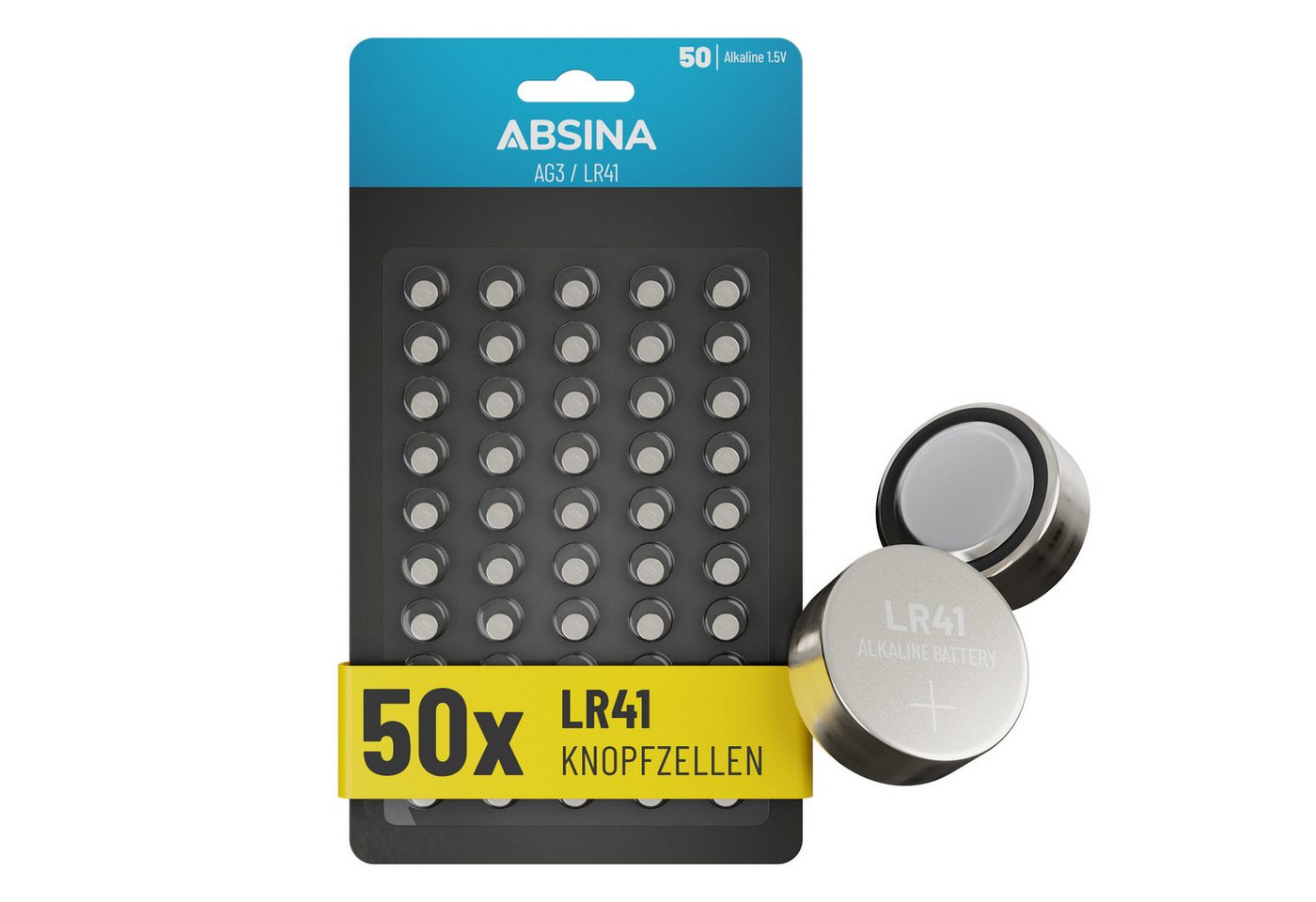 ABSINA 50x AG3 LR41 Knopfzelle 1,5V Alkaline - Knopfzellen Batterien Batterie Knopfzelle, AG3 (1,5 V, 1 St), Temperaturfest von -10°C bis +50°C, langlebig, auslaufsicher