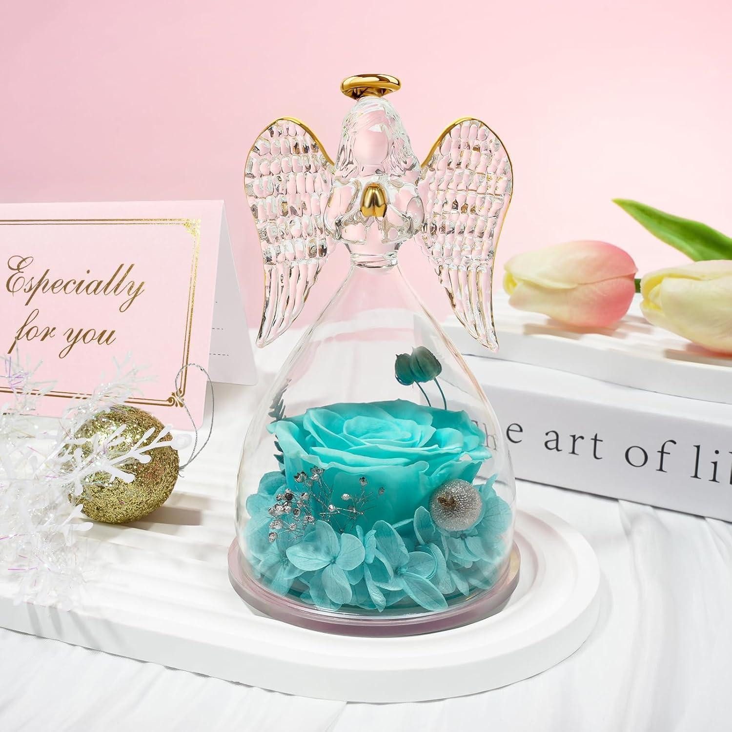 Trockenblume Engelfigur Ewige Rose Schutzengel Geschenk Mama Mutter Oma Hellblau, LuxusKollektion