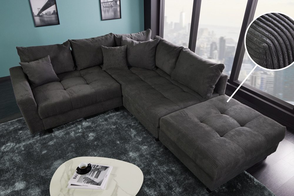 riess-ambiente Ecksofa KENT 220cm dunkelgrau, Set 2 Teile, Wohnzimmer · Couch · Cord-Bezug · Federkern · inkl. Hocker · Design