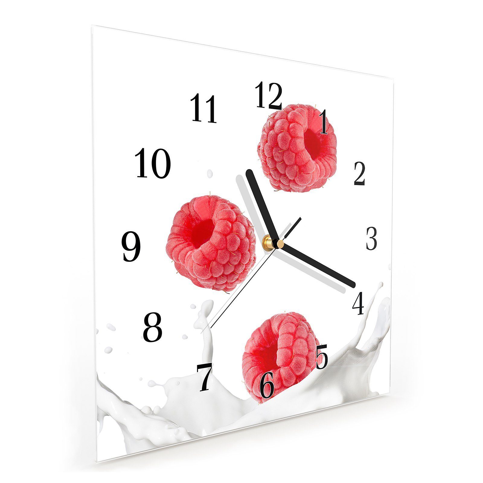 cm Milch Wandkunst Erdbeeren Splash Glasuhr im Primedeco 30 mit x Wanduhr 30 Größe Motiv Wanduhr