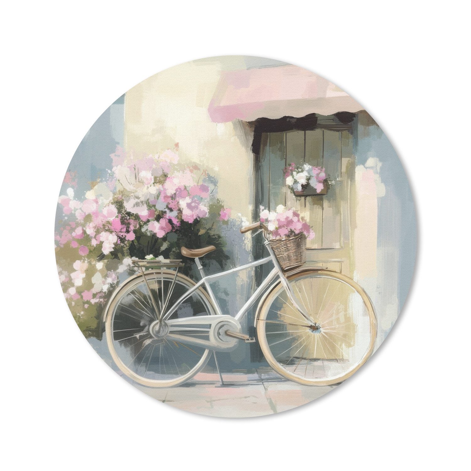 MuchoWow Mauspad Fahrrad - Pastellfarben - Blumen (1-St), Gaming, Rutschfester Unterseite, Mausunterlage, Rund 50x50 cm