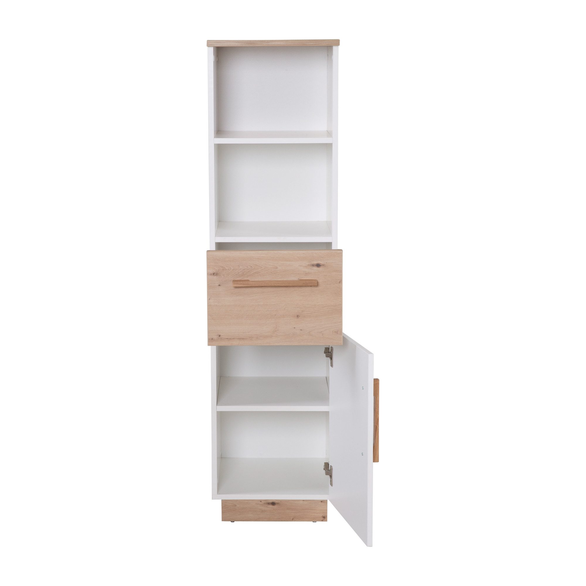roba® Standregal Lion mit 2 offenen Fächern, 1 Schublade & 1 Tür, Kinderregal in Weiß mit Dekor in Artisan Eiche - Griffe aus Massivholz