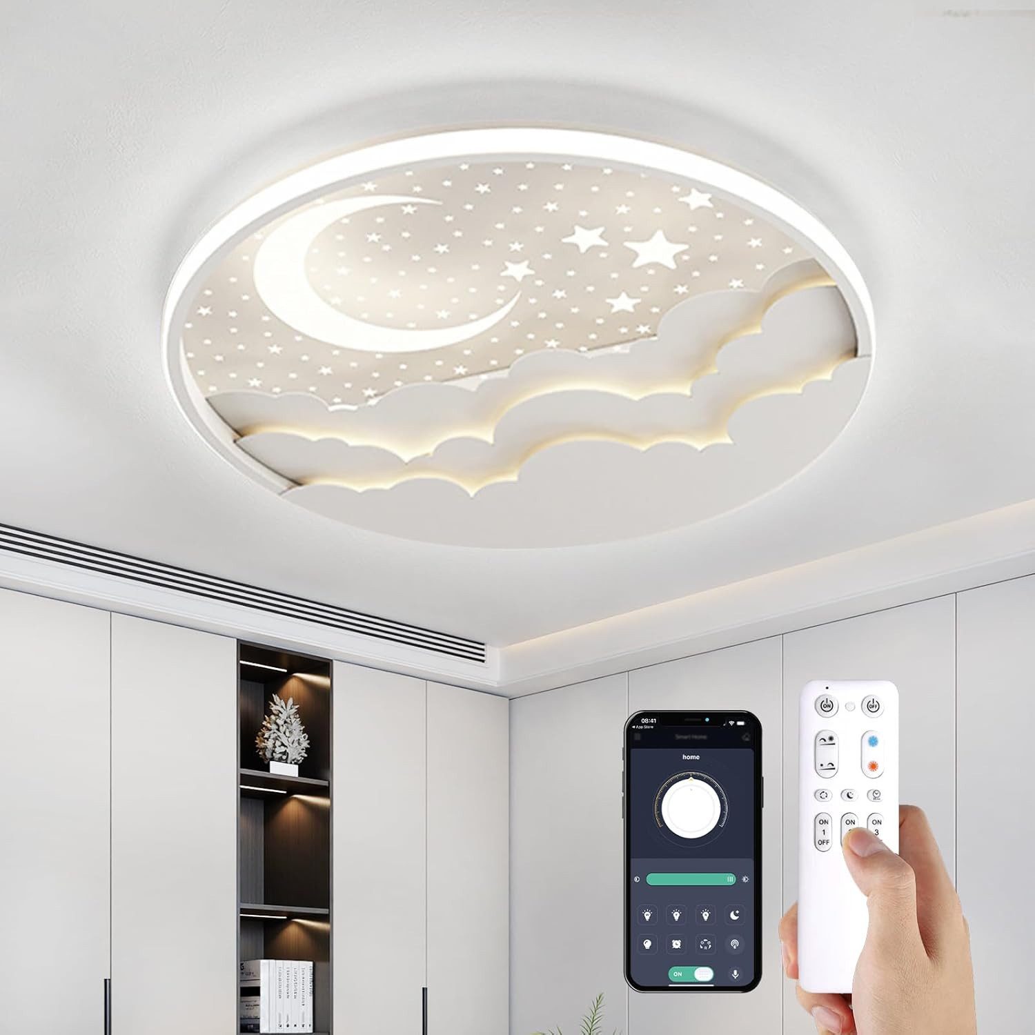 RRBEST Deckenleuchte LED Kinder Deckenlampe, Stern Mond Deckenleuchte Mit Fernbedienung, Warm, Natural, Kalt, Kinderzimmer Dimmbar Deckenleuchten, Schlafzimmer Lampe