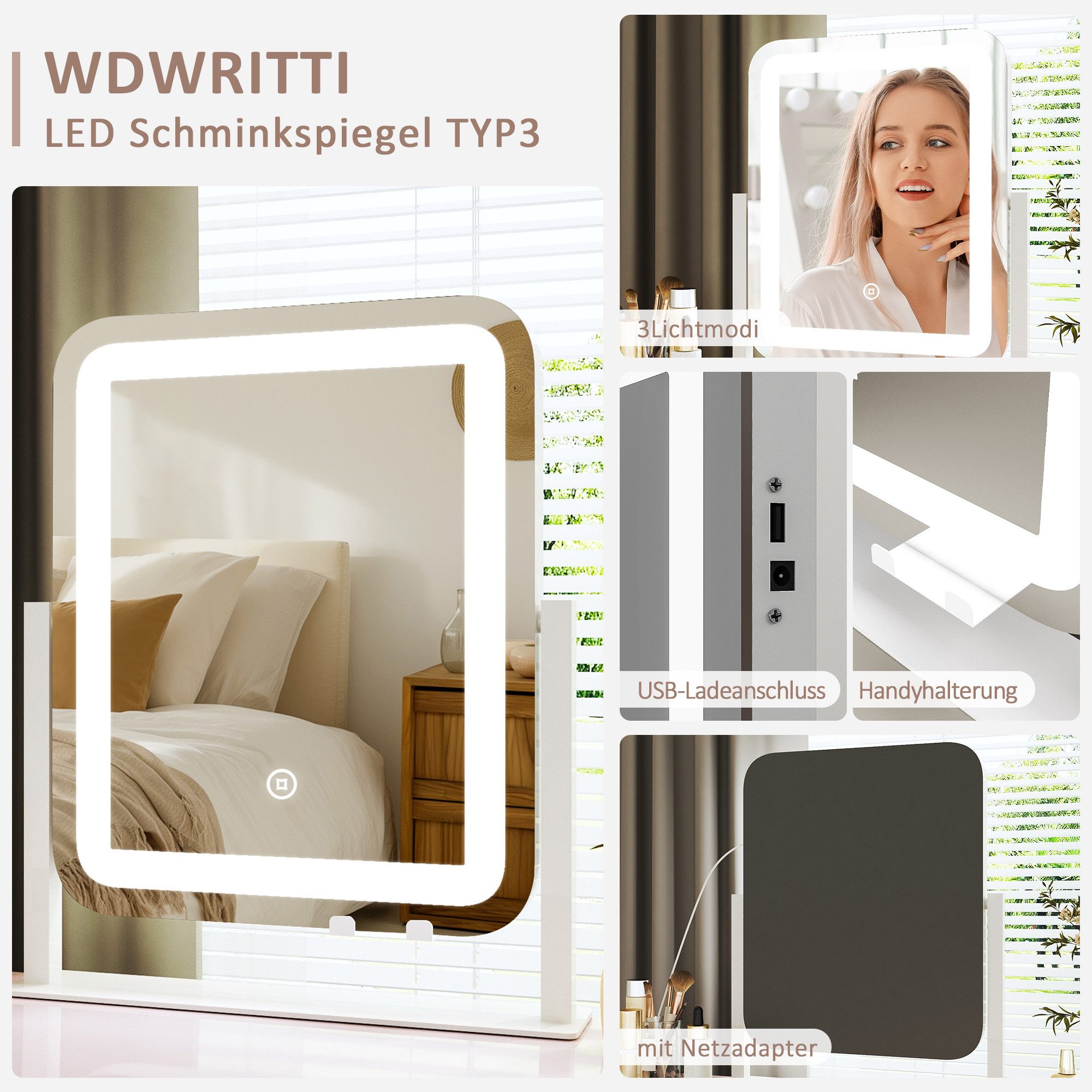WDWRITTI Schminkspiegel mit beleuchtung, USB-Ladeanschluss, Handyhalterung LED Kosmetikspiegel (Tischspiegel Rechteckig, 3Lichtmodi+Dimmbar+Memory), 360°Drehbar, mit Netzadapter