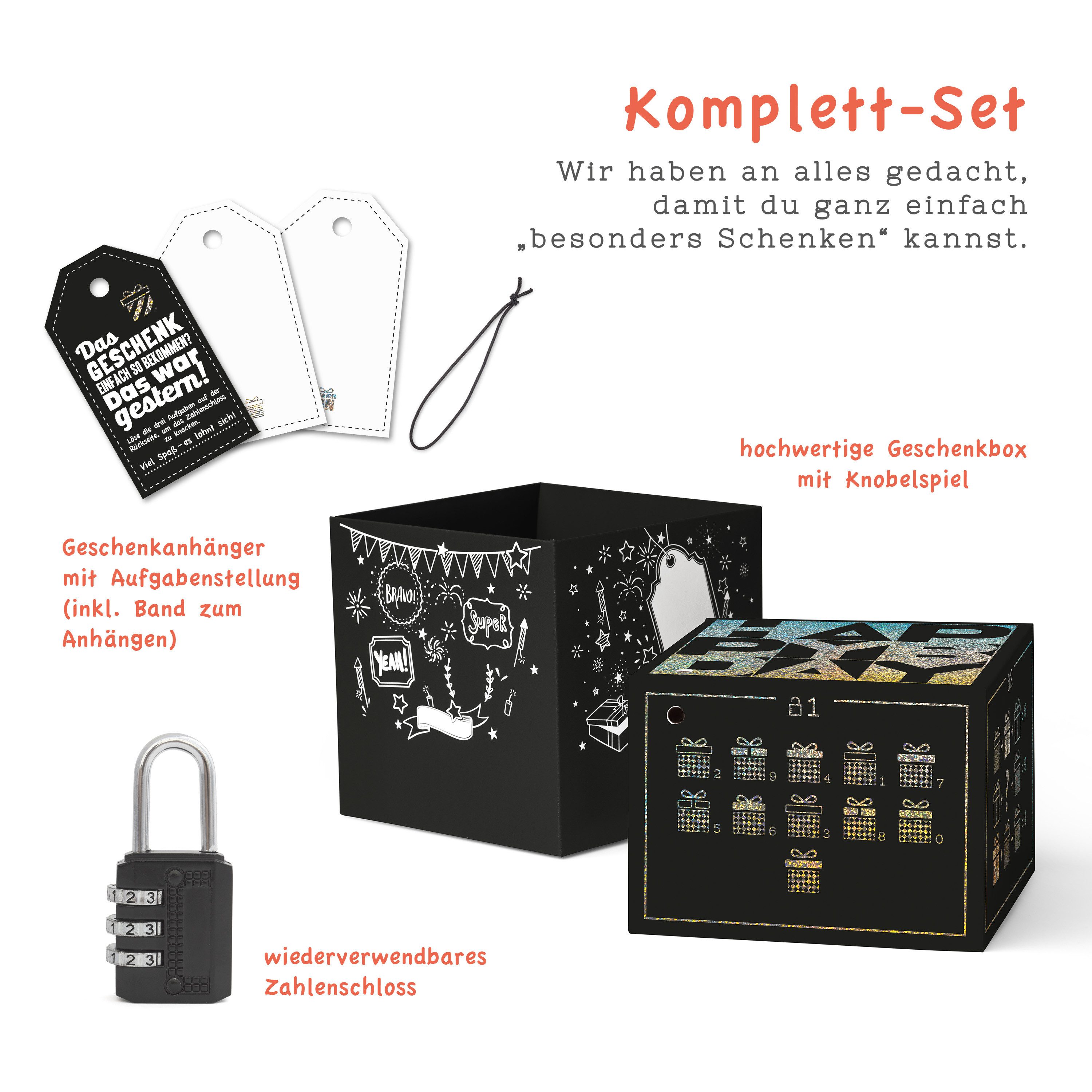 SURPRISA Geschenkbox Rätsel-Geschenkbox Happy Birthday mit Glitzer, originelle Geburtstagsbox mit Zahlenschloss zum Geburtstag