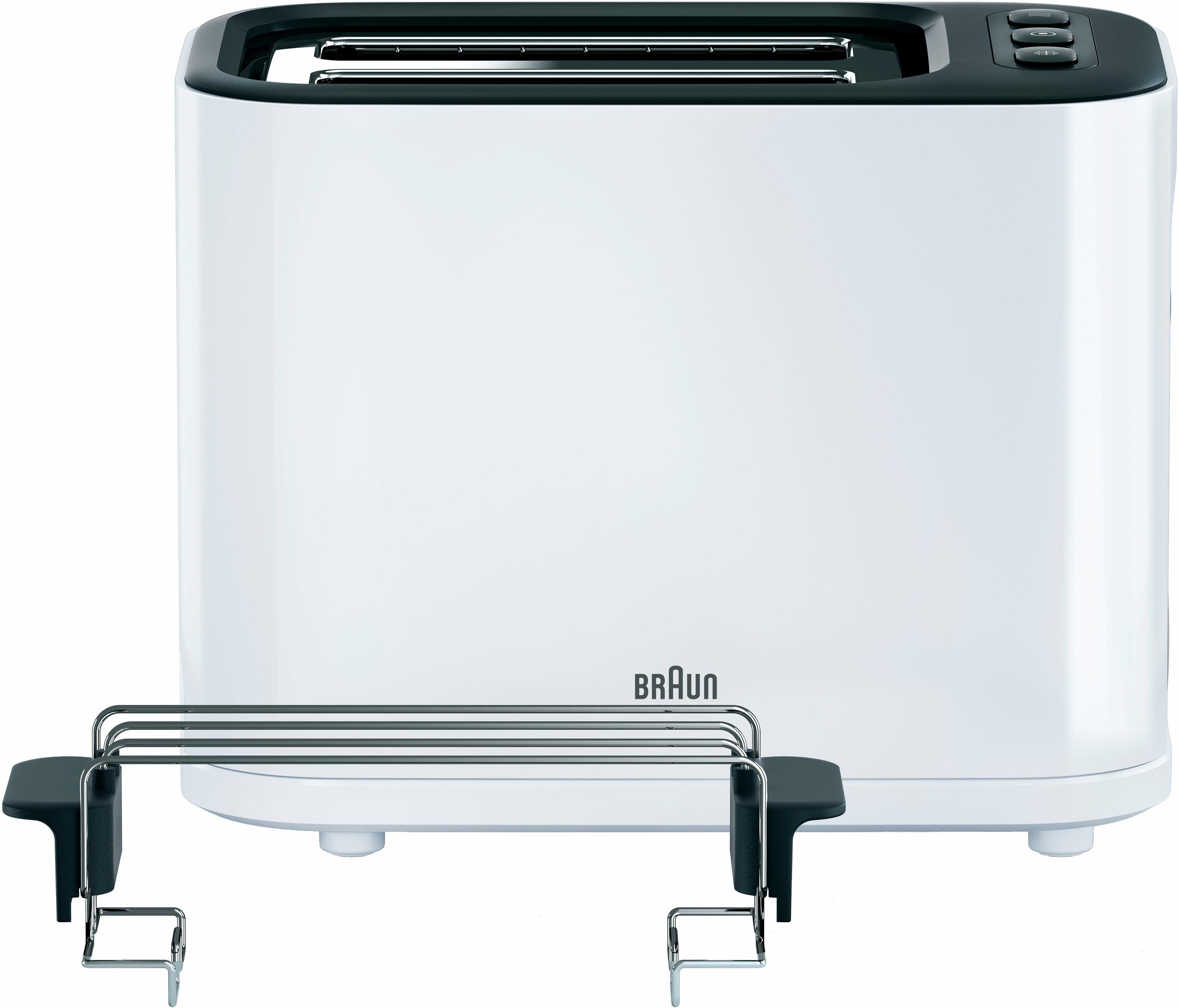 Braun Toaster PurEase HT 3010 WH - 2 Schlitze, 7 Stufen, Auftau- Aufwärmfunktion, 2 kurze Schlitze, für 2 Scheiben, 1000 W, 1.000 W, Kunststoff, Automatische Abschaltung, Brötchenaufsatz