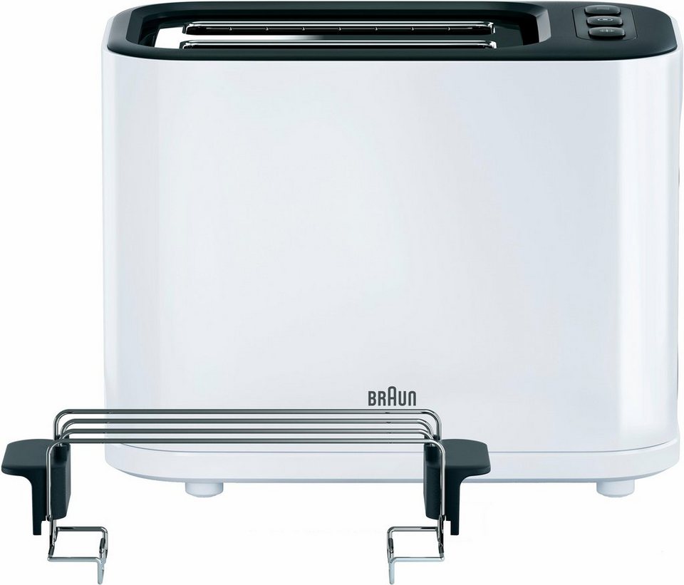 Braun Toaster HT 3010 WH, 2 kurze Schlitze, für 2 Scheiben, 1000 W,  Aufwärm-, Auftau- und Stop-Funktion