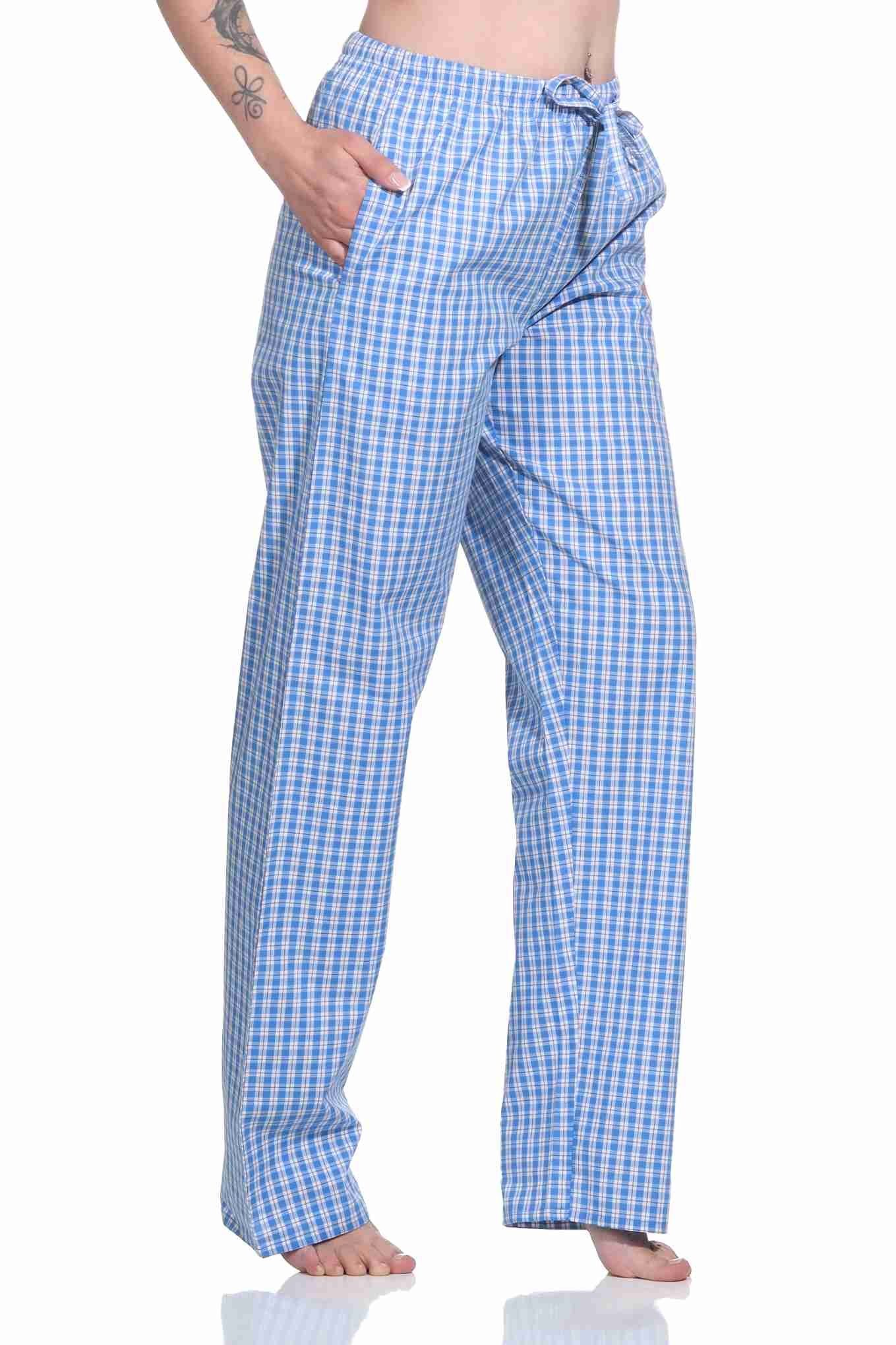 Normann Pyjama Baumwolle relaxen Damen aus gewebt – blau ideal Schlafanzug Hose zum lang
