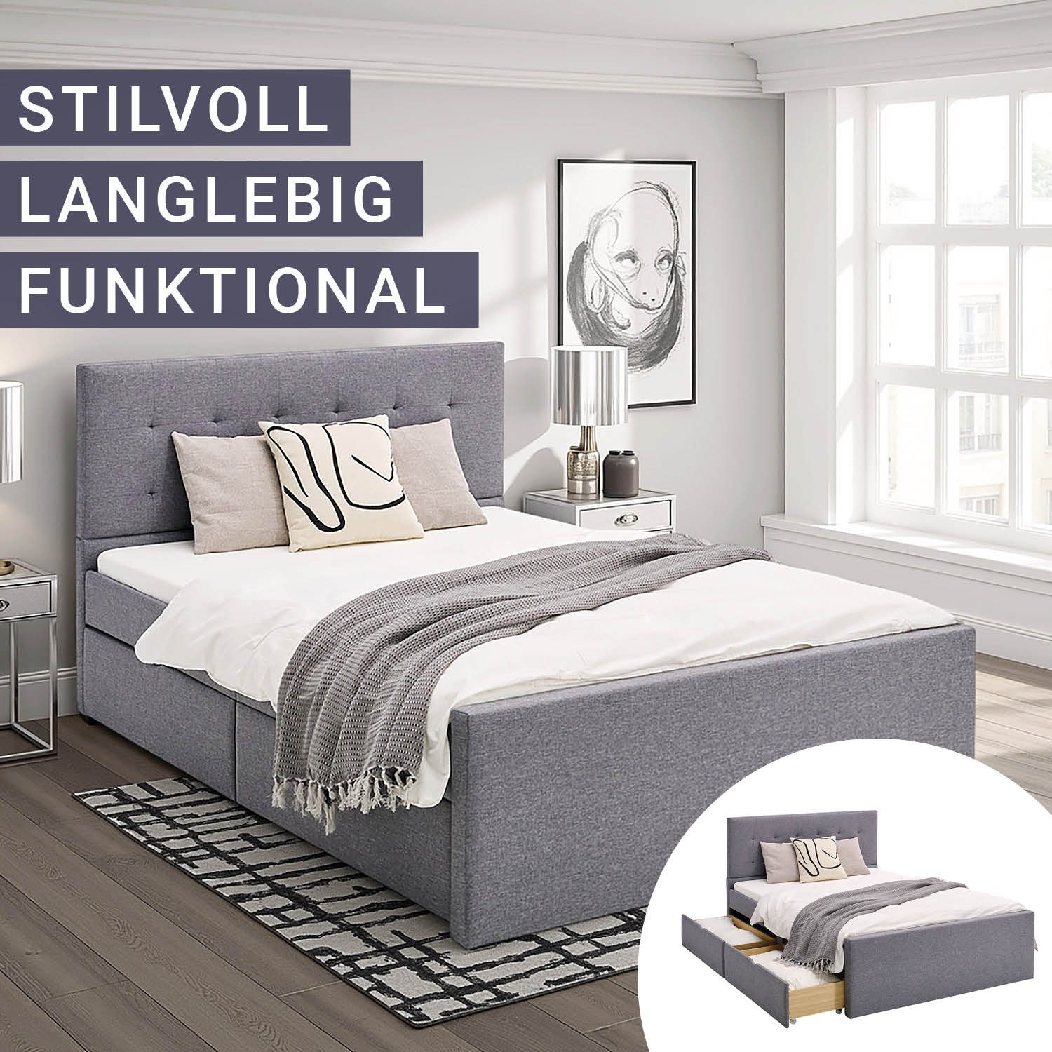 Homestyle4u Polsterbett 140x200 Bettgestell Doppelbett Polsterbett Grau mit Kopfteil (Set, mit Lattenrost, mit 4 Bettkästen/Schubladen), Stauraumbett