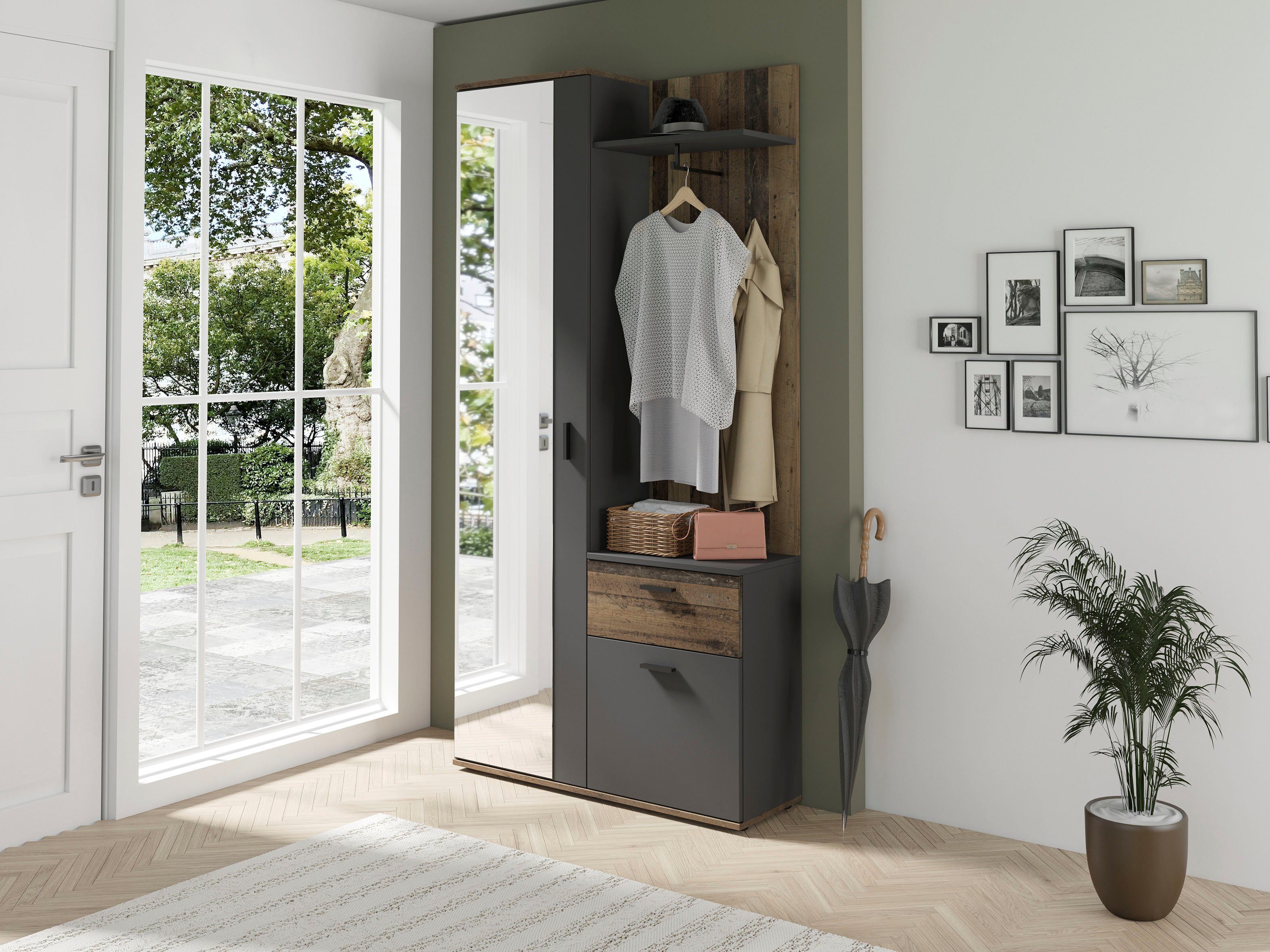 byLIVING Kompaktgarderobe Jakob mit großem Spiegel und Ablage, Breite 97 cm