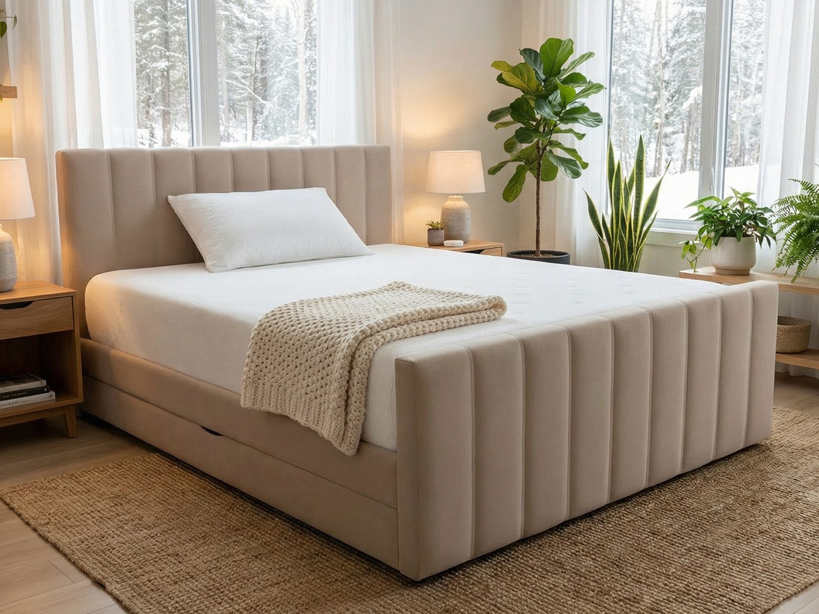 PAARA Boxspringbett mit Bettkasten und Matratze mit integrierten Topper - Modell Cali K, mit innovativem Belüftungssystem