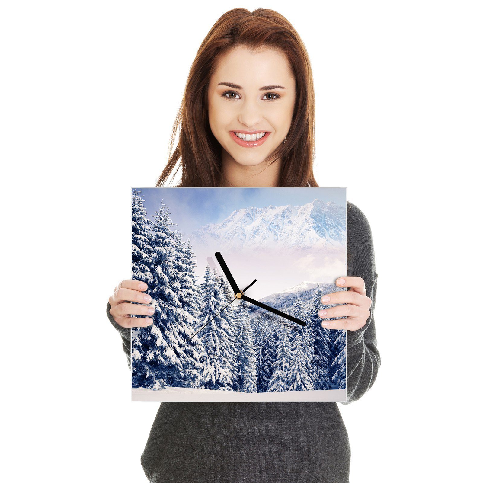 mit Schneelandschaft Wandkunst Wanduhr Wanduhr Motiv 30 cm x Primedeco Glasuhr 30 Traumhafte Größe