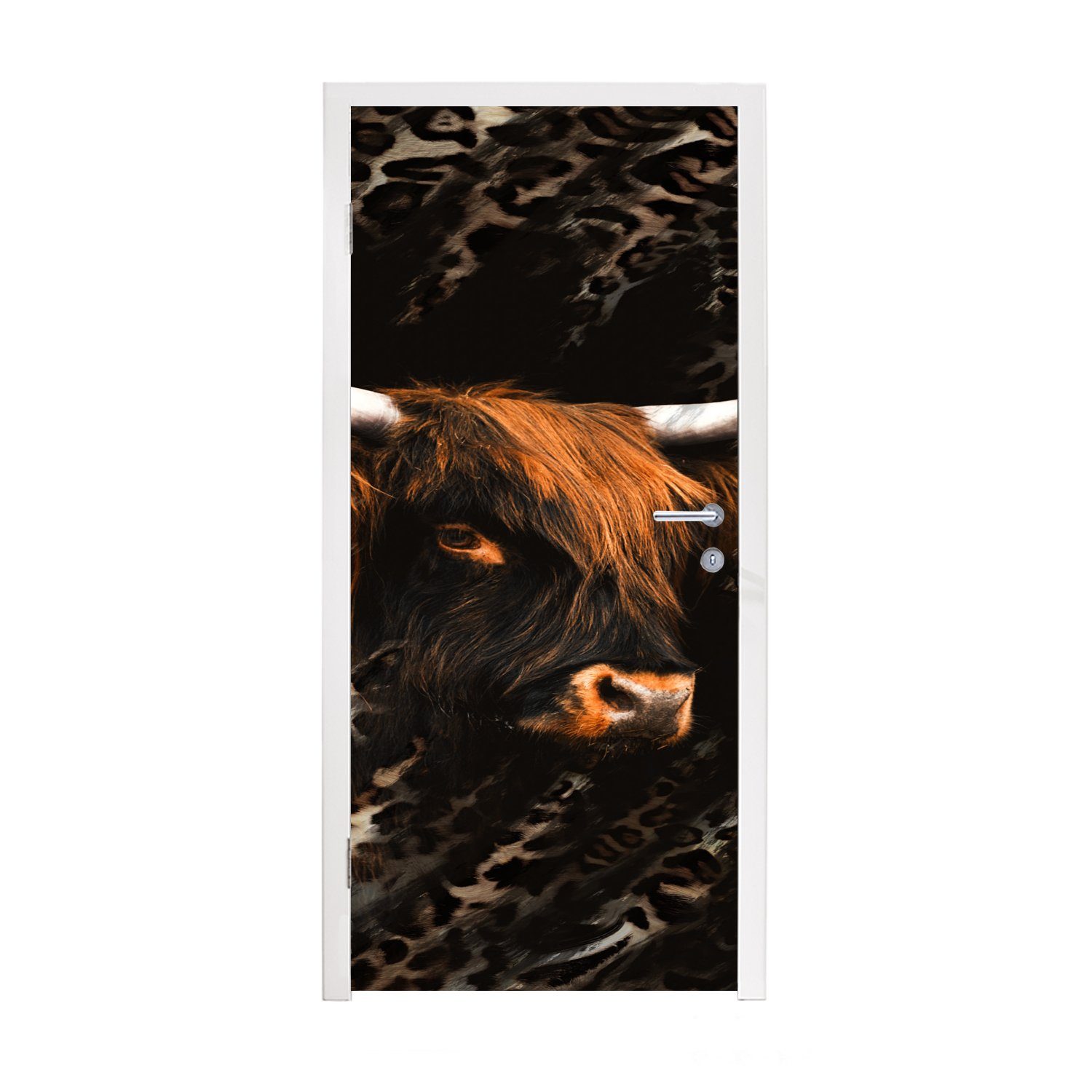 MuchoWow Türtapete Schottischer Highlander - Leopard - Design, Matt, bedruckt, (1 St), Fototapete für Tür, Türaufkleber, 75x205 cm