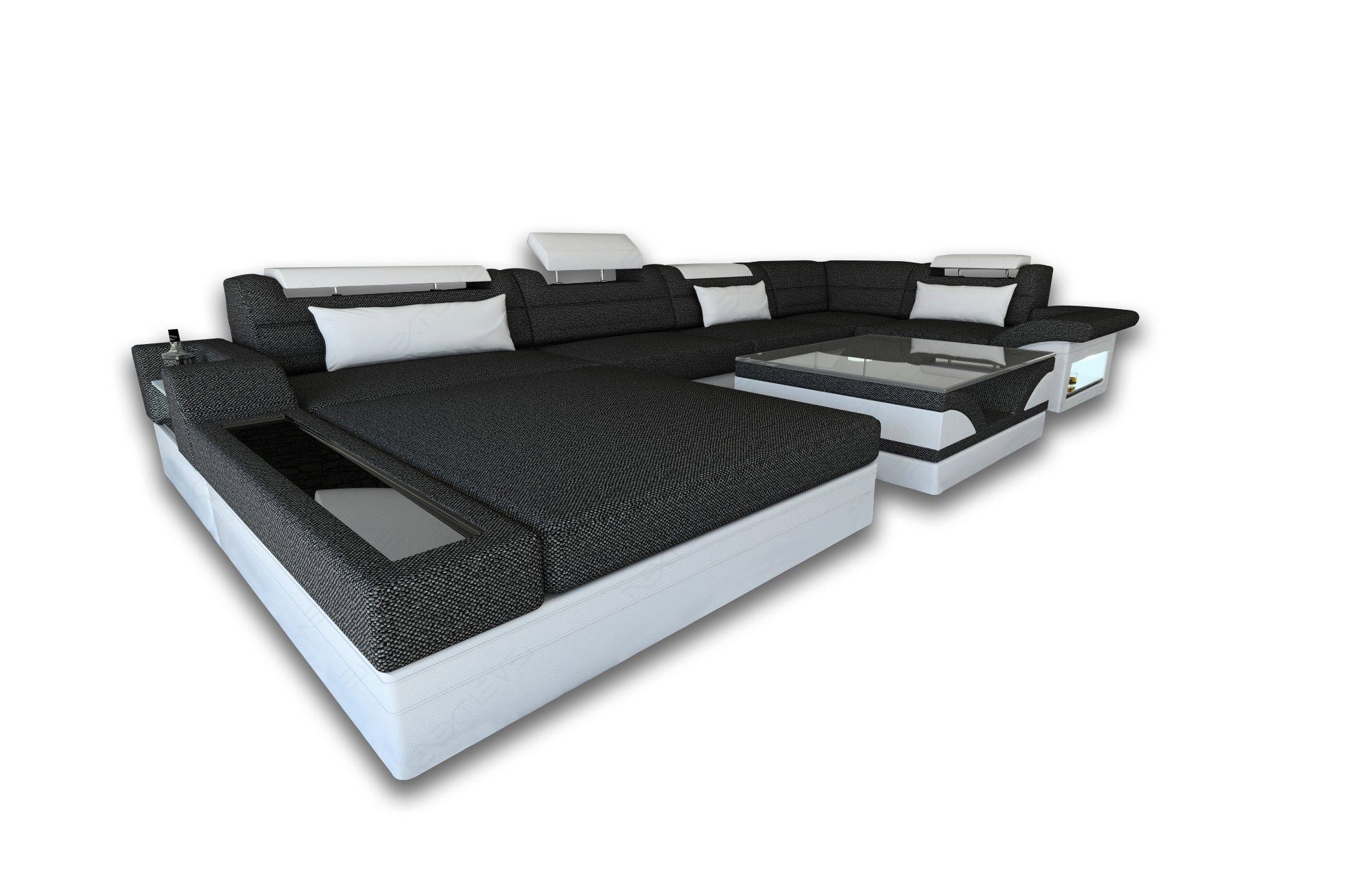 Sofa Dreams Wohnlandschaft Couch Sofa Stoff Mezzo U Form Stoffsofa, mit LED, wahlweise mit Bettfunktion als Schlafsofa, Designersofa C81 Beige-Weiss