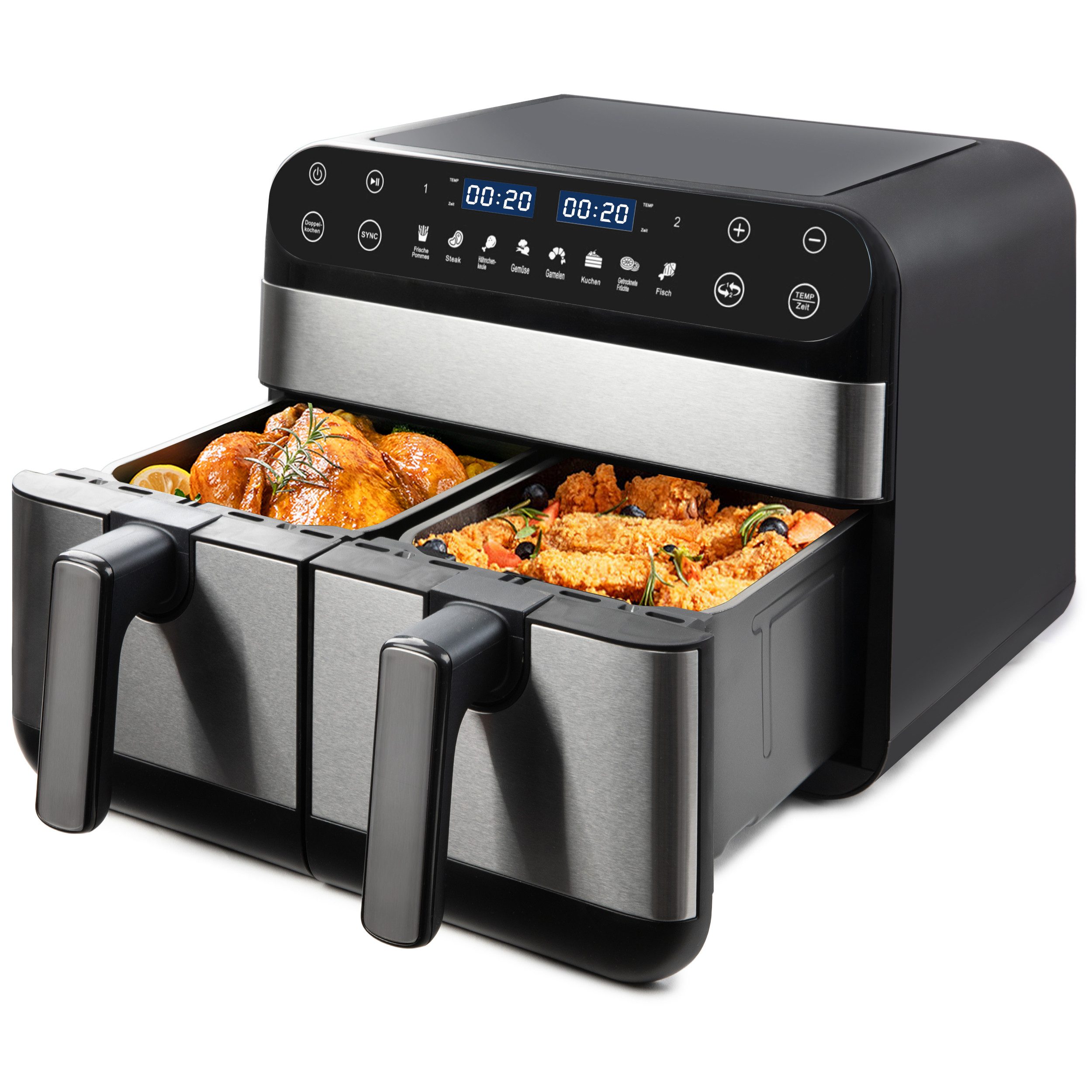 WHEELYOU Heißluftfritteuse 10 L Dual-Zonen Airfryer mit 2400 W – Touch-LED & 8 Kochprogramme, 2400 W, mit 8 Kochprogrammen & synchroner Garfunktion
