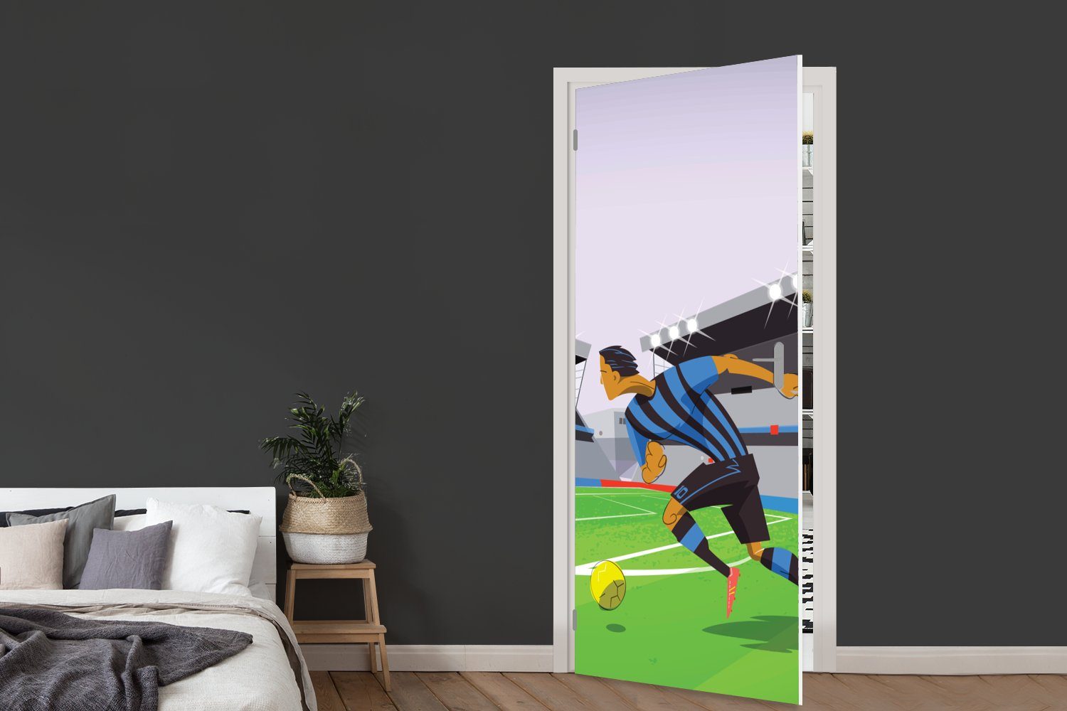 einem Fußball cm 75x205 Fototapete die (1 Stadion bedruckt, St), in MuchoWow Tür, Eine Matt, Türtapete Illustration von Spielern, Türaufkleber, für spielen -,