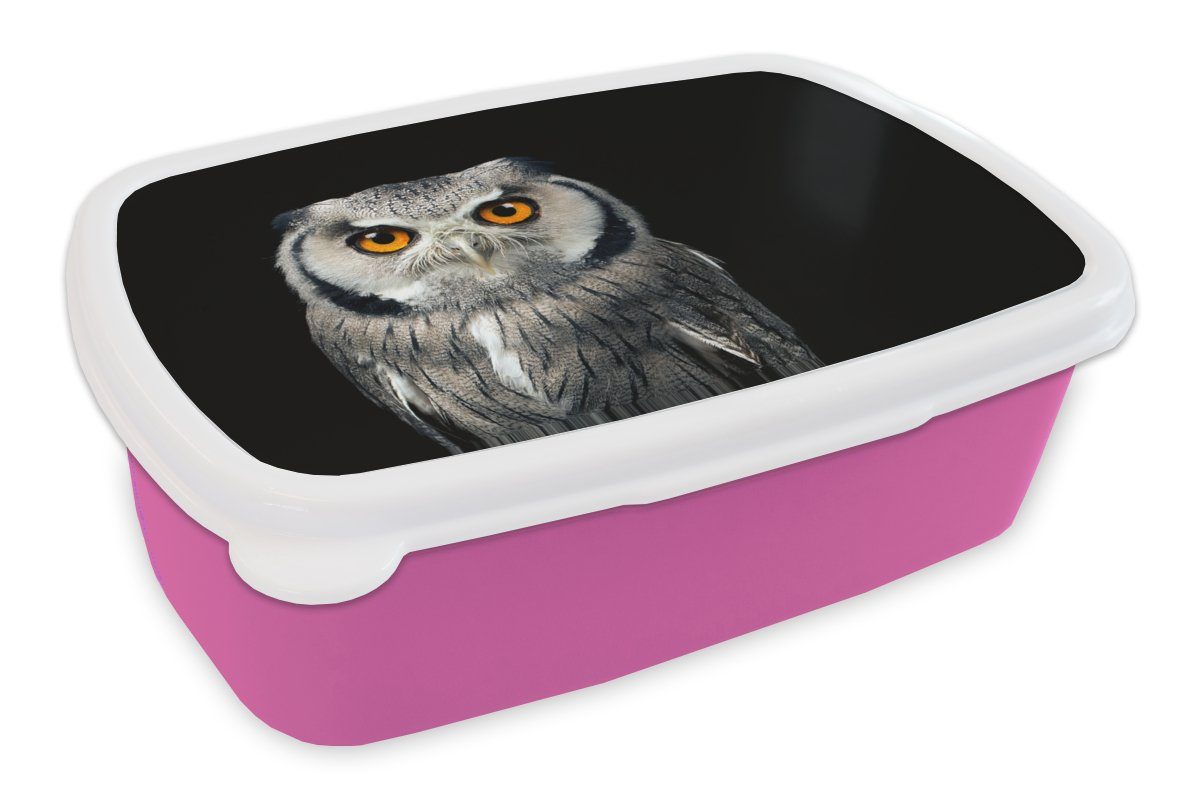 MuchoWow Lunchbox Eule - Vogel - Orange - Schwarz, Kunststoff, (2-tlg), Brotbox für Erwachsene, Brotdose Kinder, Snackbox, Mädchen, Kunststoff rosa