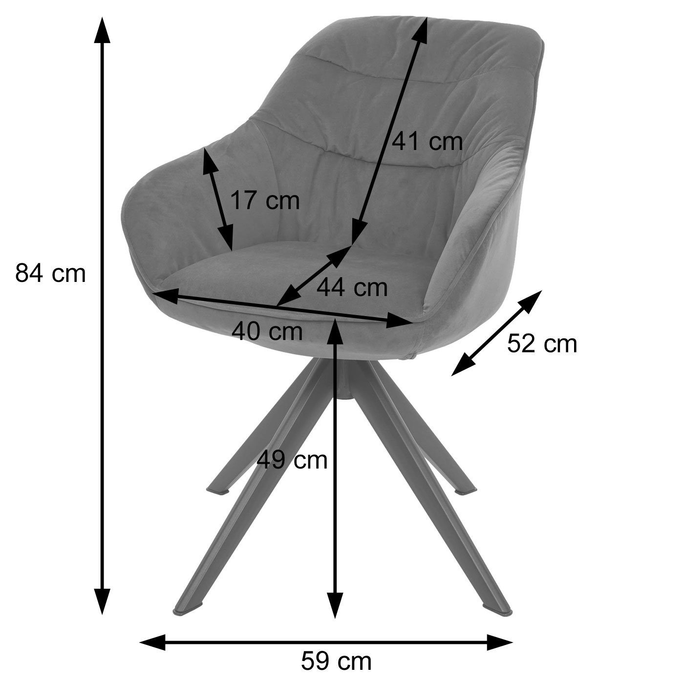 MCW Esszimmerstuhl MCW-K28 (1er), | Sitzfläche grau mit Stabiles Eisen-Gestell, grau Fußbodenschoner, Armlehnen