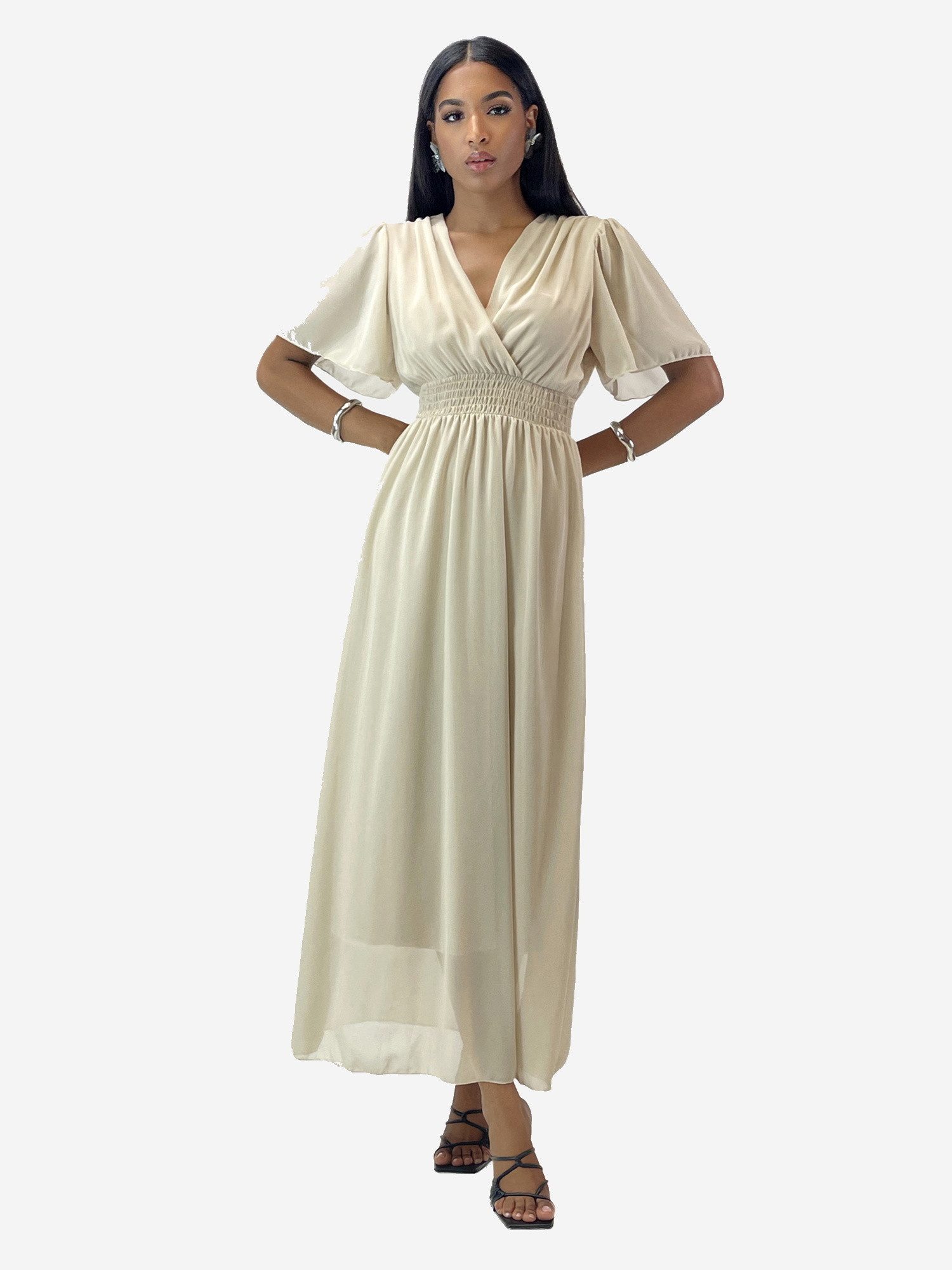 Elara Maxikleid — Damen Sommerkleid mit Wickeloptik, Smoktaille & Flügelärmeln (1-tlg)