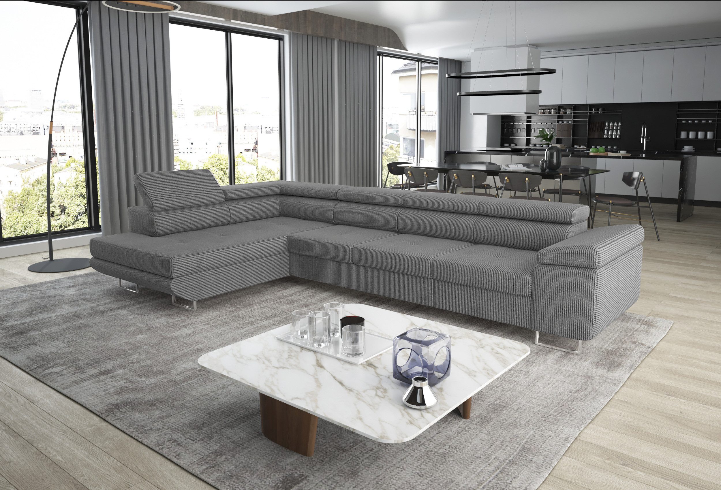 thematys Ecksofa ASTON LONG 355 x 204cm mit Schlaffunktion & Bettkasten – L-Sofa, mit 4 verstellbaren Kopfstützen, Cord (Poso) oder Samt (Monolith), - XXL Wohnlandschaft im modernen Design