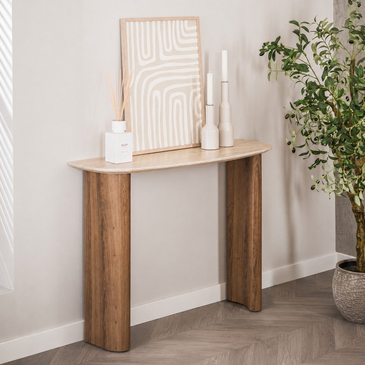 Maison ESTO Konsole Konsolentisch VELARO 100 cm 3D Keramikplatte Travertinoptik Eiche