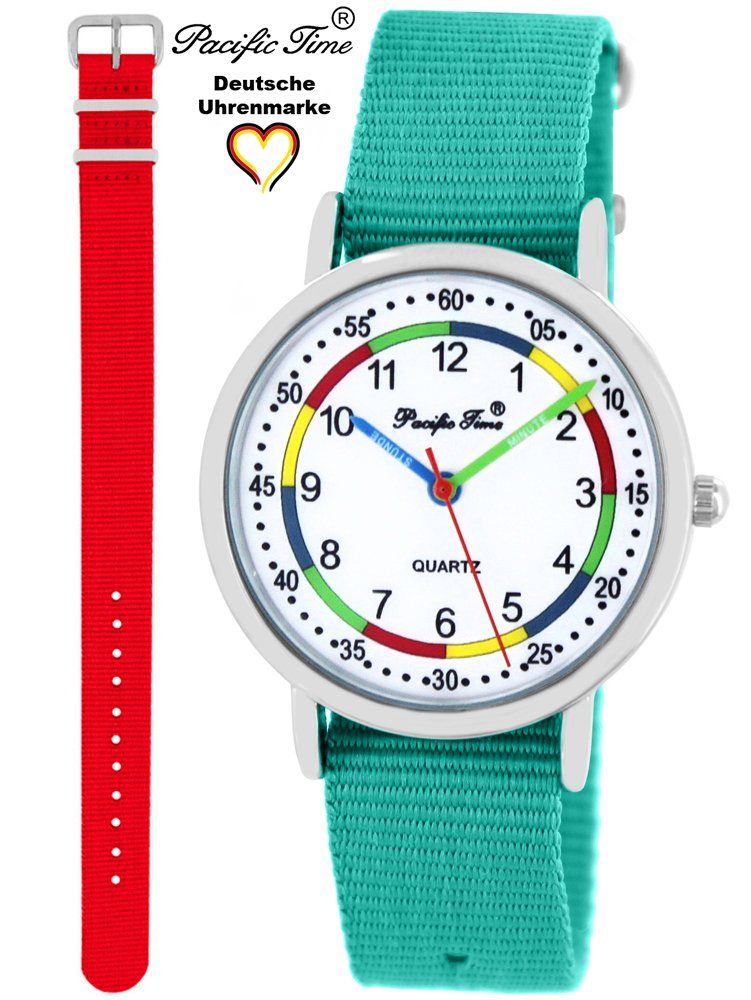 Mix und Time Quarzuhr Wechselarmband, türkis Design Kinder Match Set - Gratis und Armbanduhr First rot Versand Lernuhr Pacific