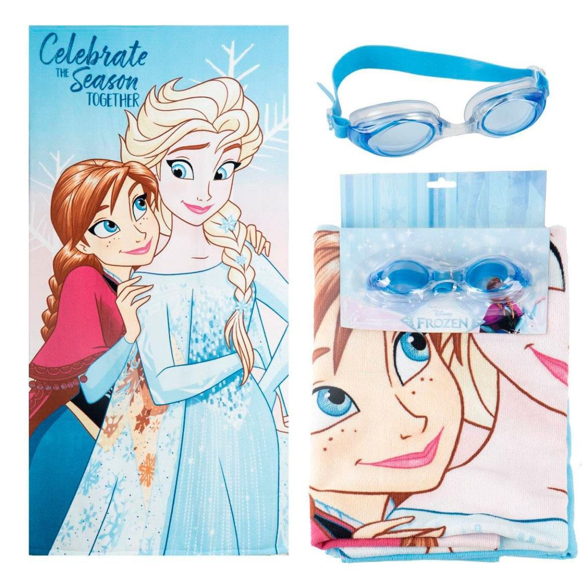 Disney Frozen Strandtuch Kinder Strandtuch 70 × 140 cm mit Schwimmbrille als Set, (Spar-Set)